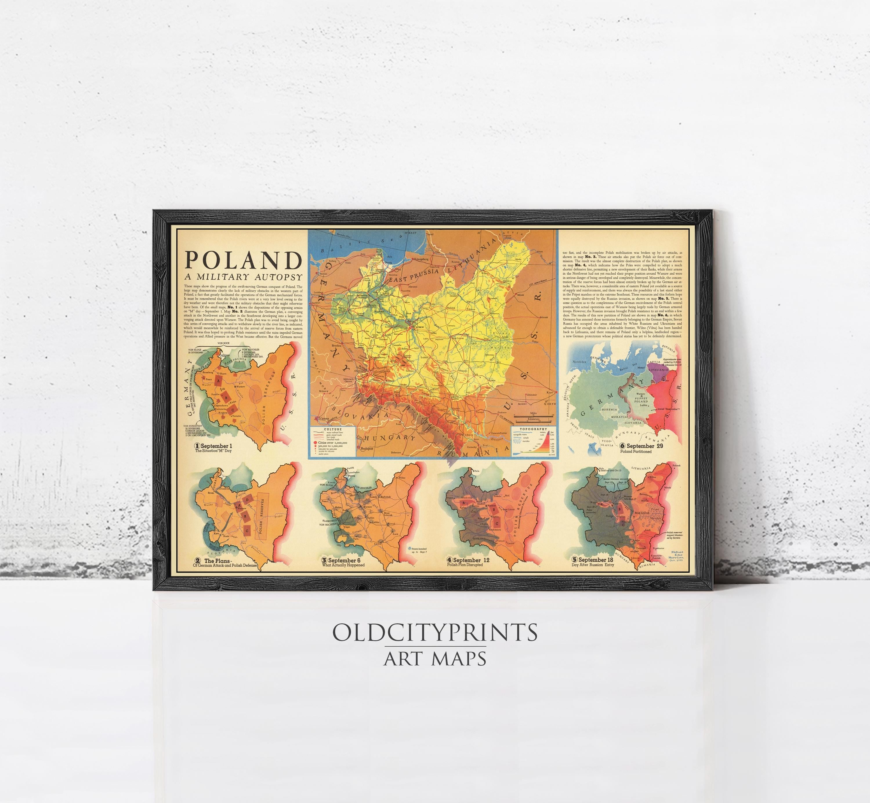 The image is a framed art map of Poland, depicting various regions and zones within the country.