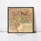 The image is a framed vintage map of a city, likely from the 19th century, with various landmarks and streets depicted in a detailed manner.