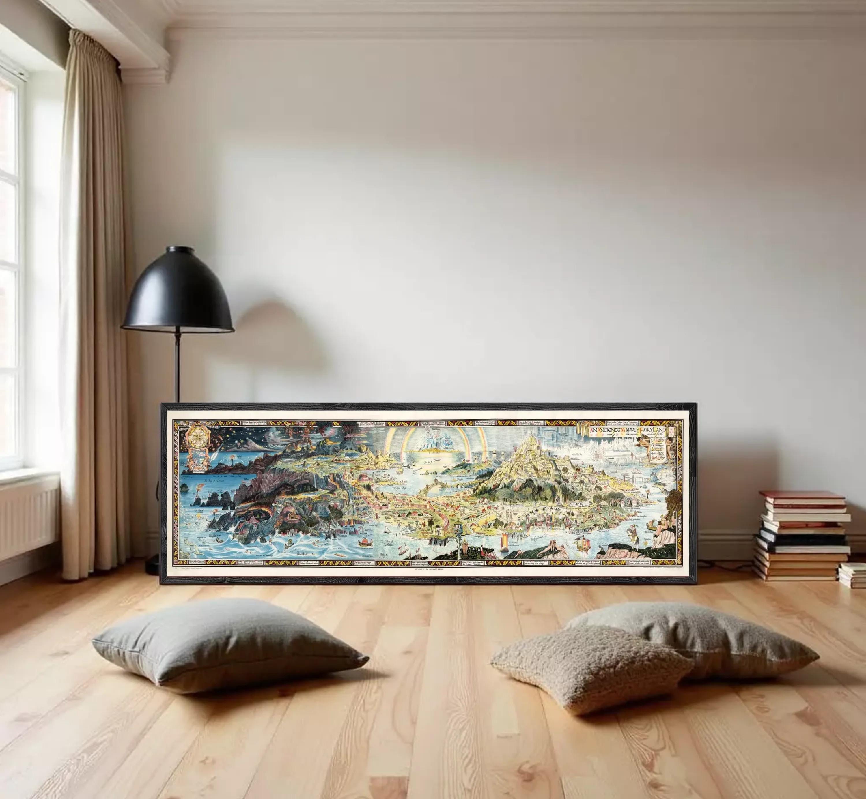 A large, colorful, and detailed map of a coastal region or island, displayed in a frame against a plain white wall.