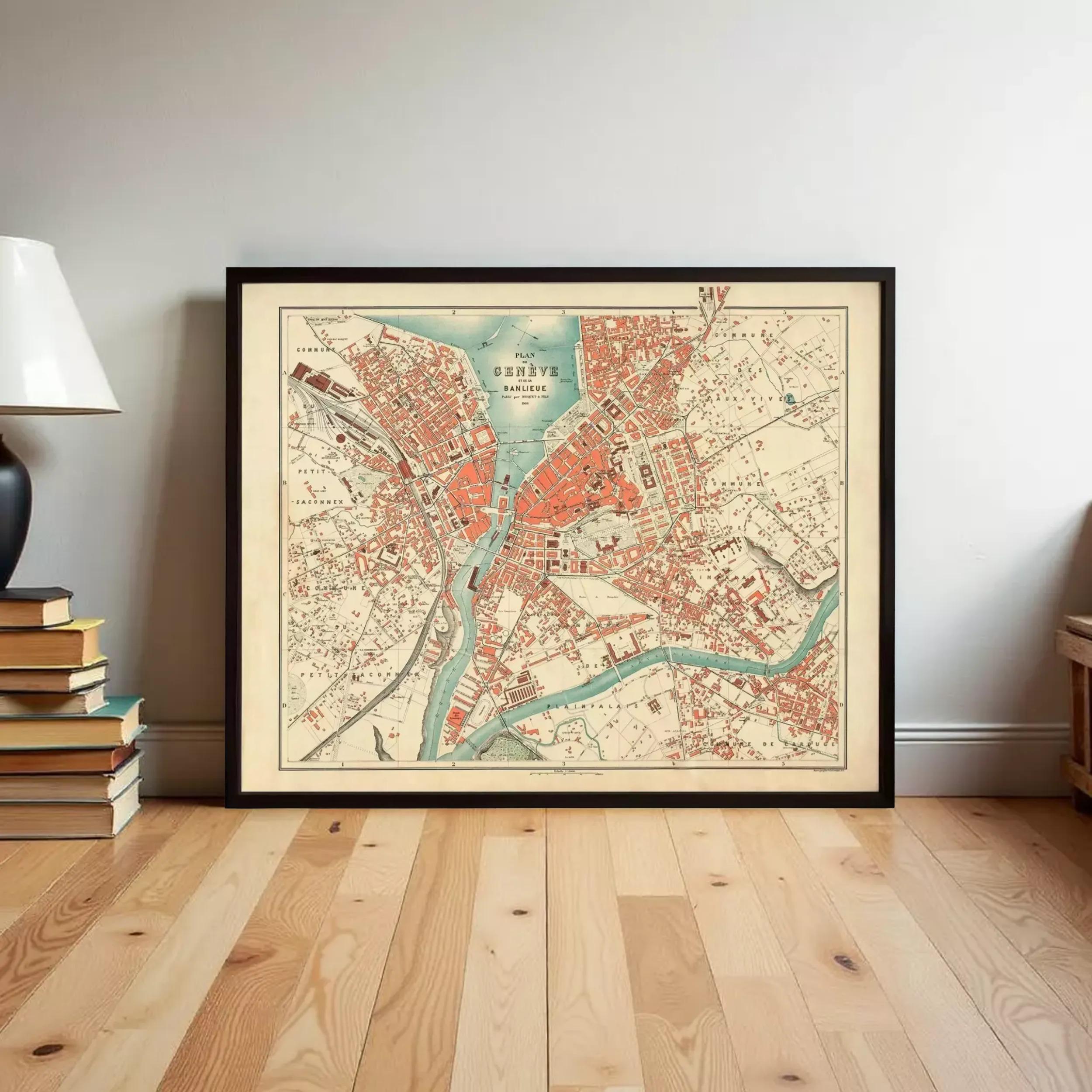 a large framed map of a city, with a wooden floor and a stack of books visible in the background.