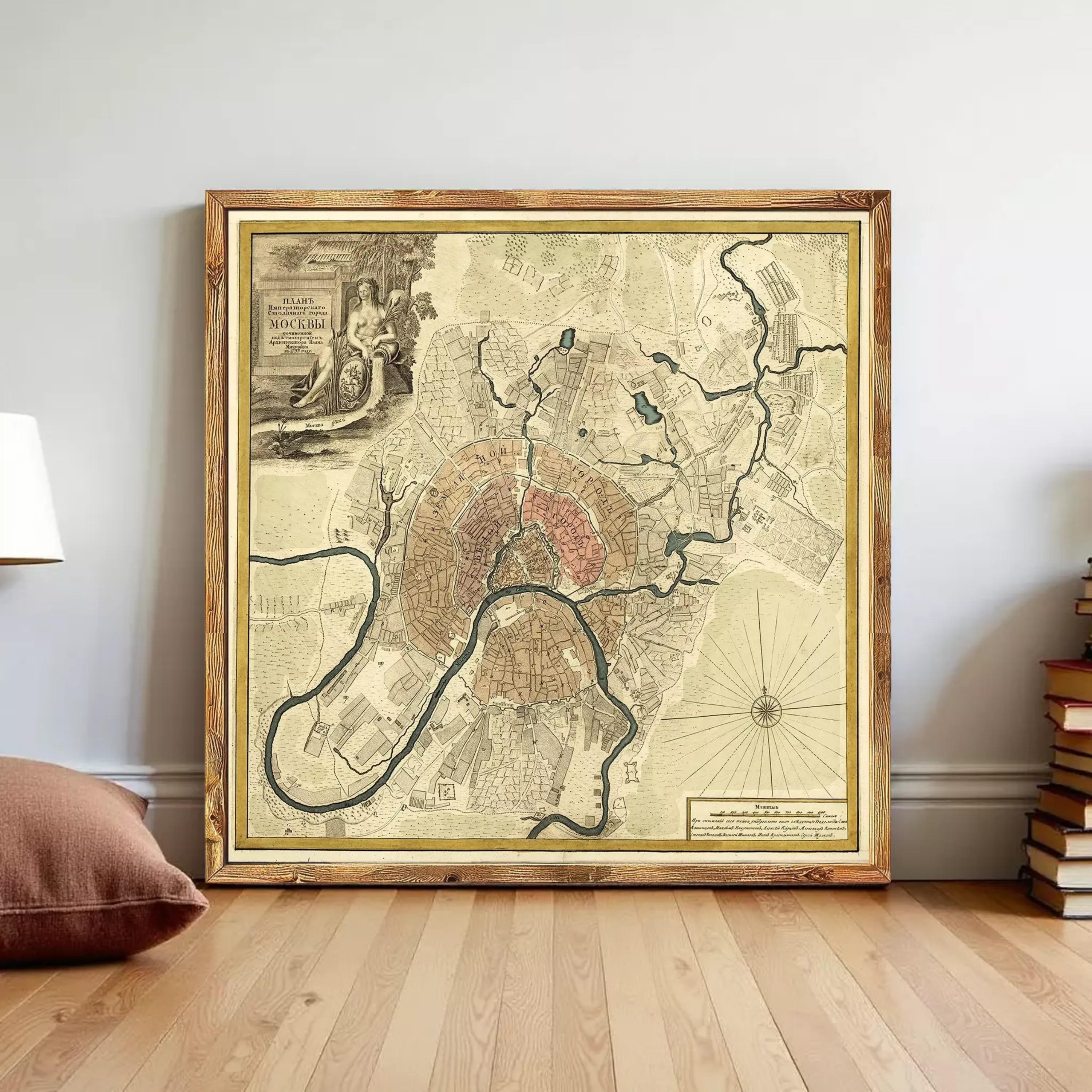 The image is a framed map of a city, likely from the 18th century, with a detailed and intricate design.