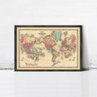 The image is a framed vintage map of the world, depicting the continents and oceans in a detailed and colorful manner.