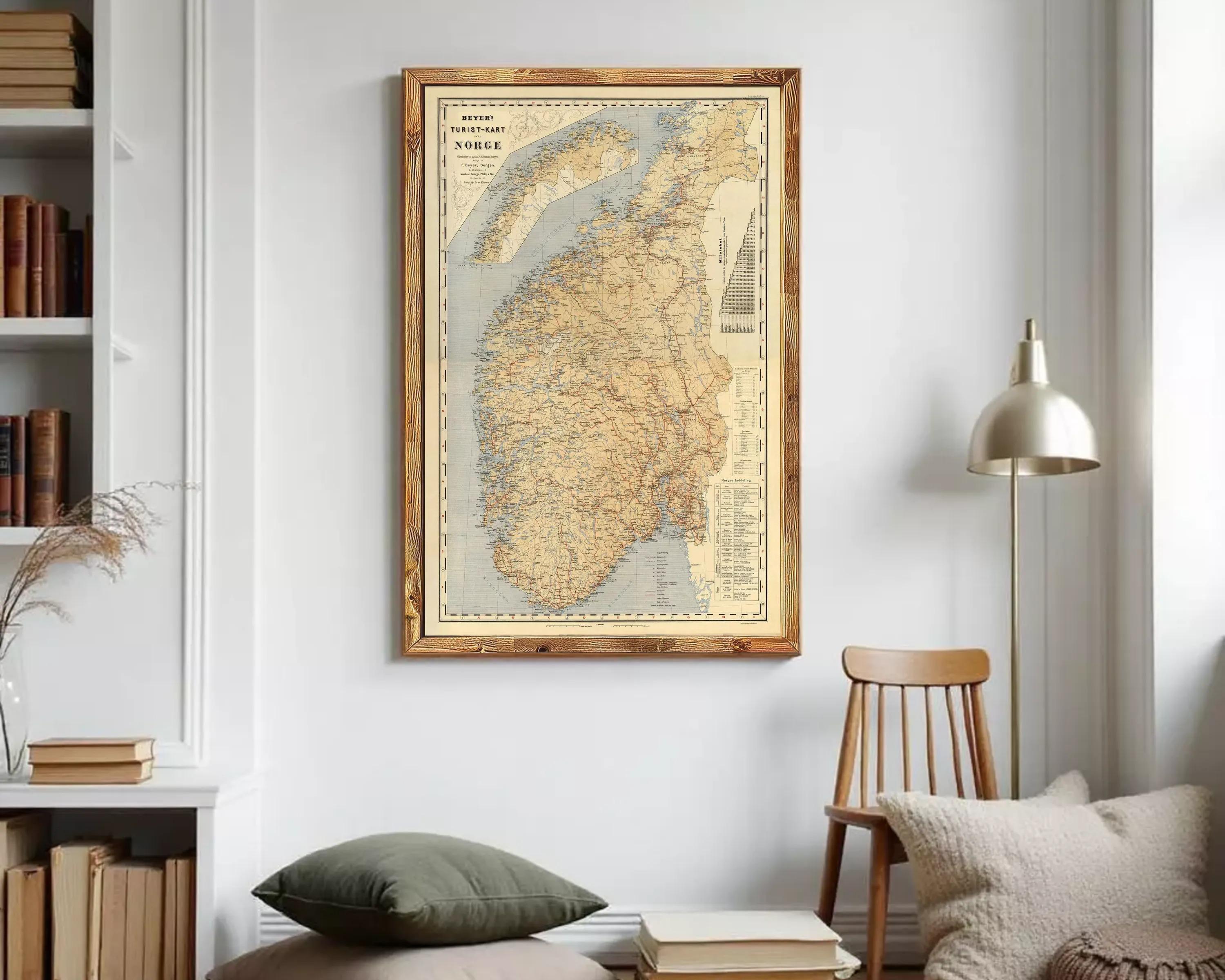 The image is a framed map of Norway, with a vintage appearance.