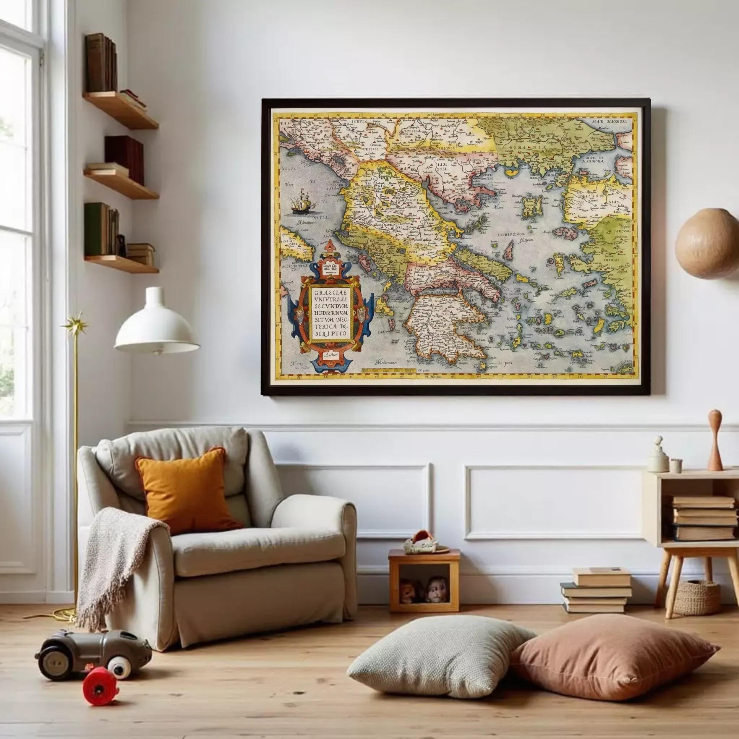 a cozy living room with a large framed map of Europe hanging on the wall. The room is furnished with a beige armchair, a wooden side table, and a small wooden table with a lamp. There are also several books and decorative items in the room, creating a warm and inviting atmosphere.