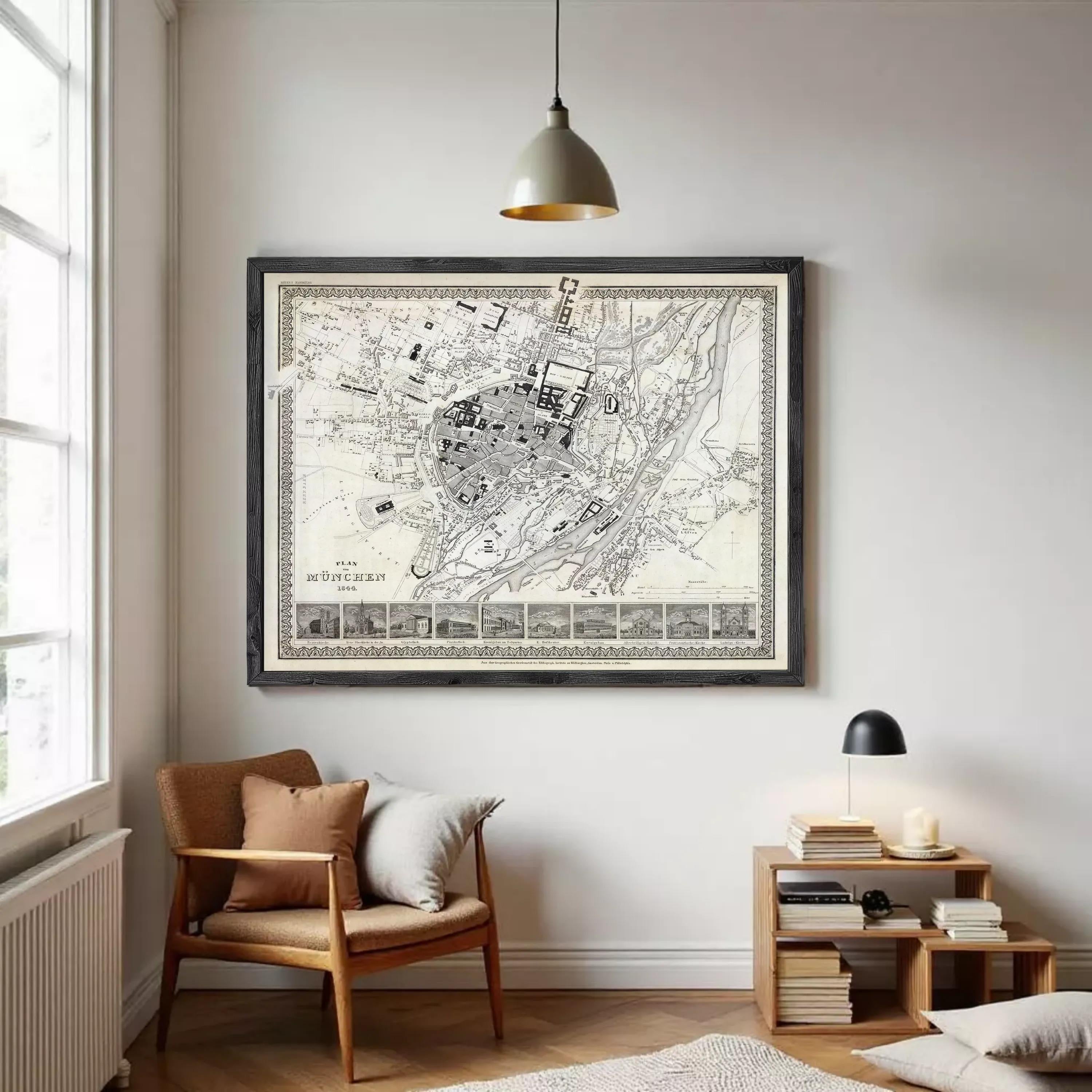 The image is a framed map of a city, likely from the 19th century, with a detailed layout and various landmarks.
