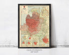 The image is a framed map of Europe, specifically the region of Poland, with a red and yellow color scheme.