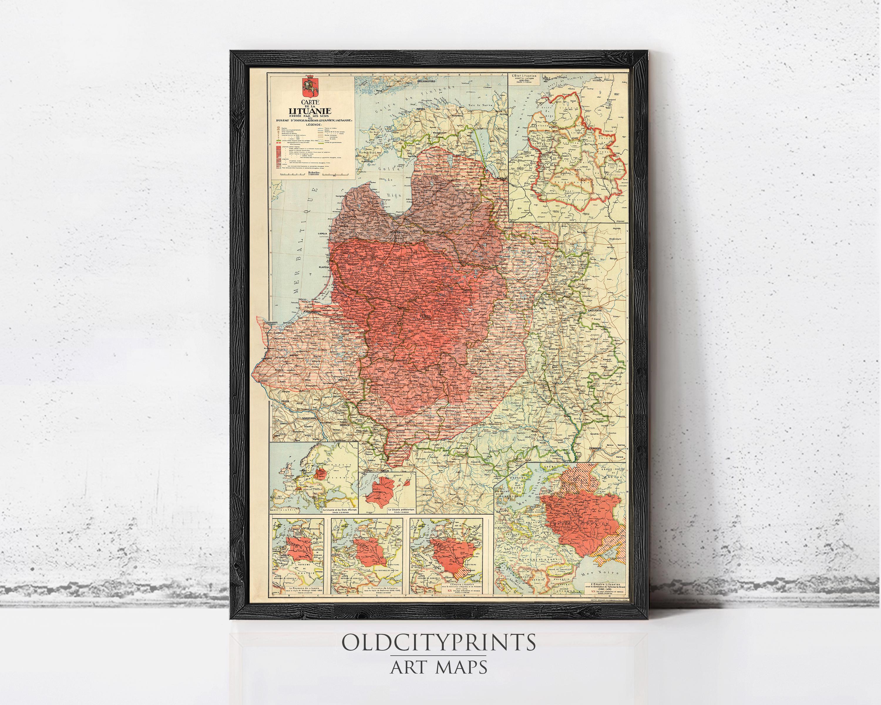 The image is a framed map of Europe, specifically the region of Poland, with a red and yellow color scheme.