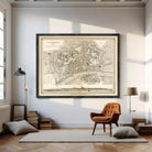 The image is a framed antique map of Frankfurt, Germany, depicting the city's layout and surrounding areas.