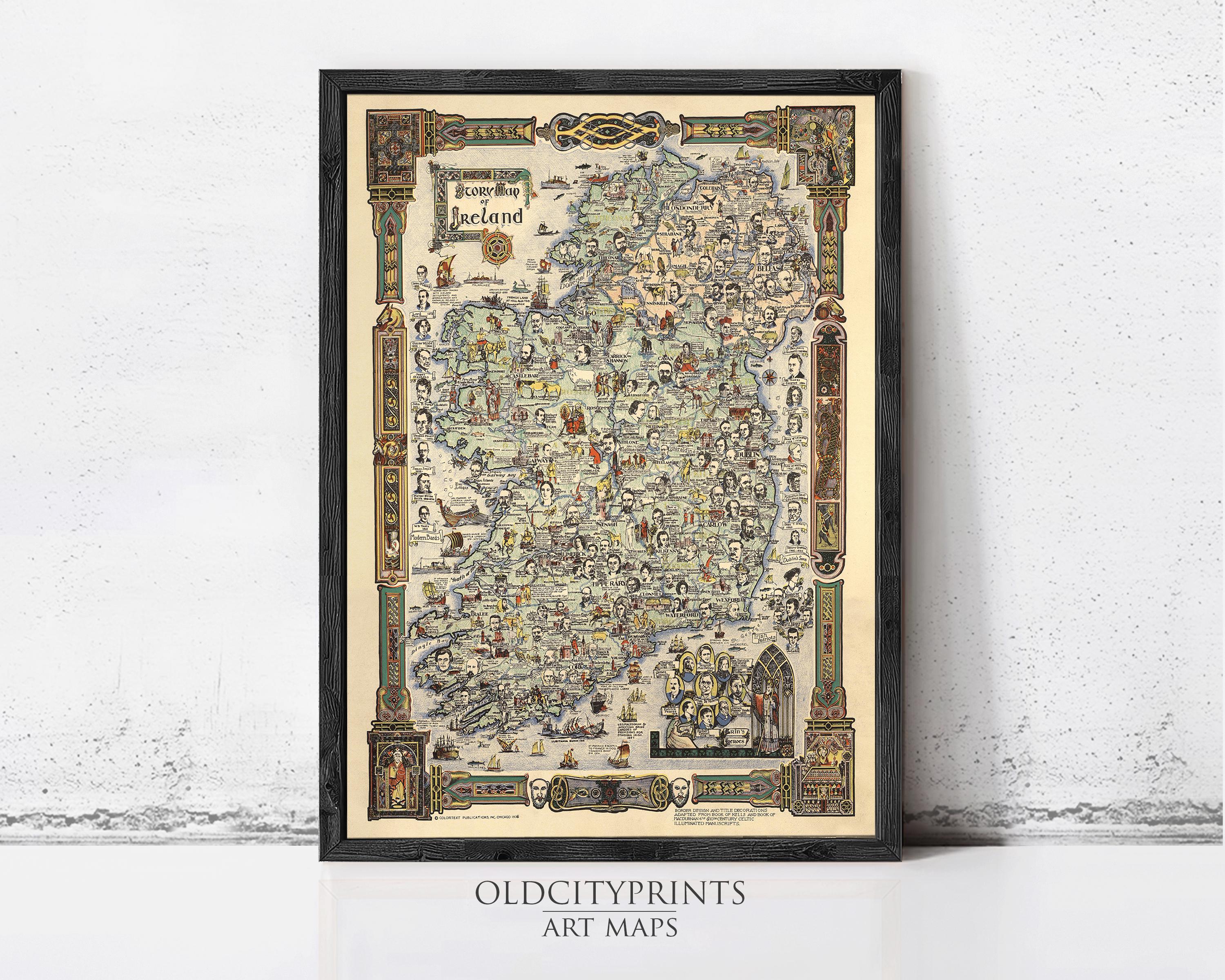The image is a framed art print depicting a detailed map of Ireland.