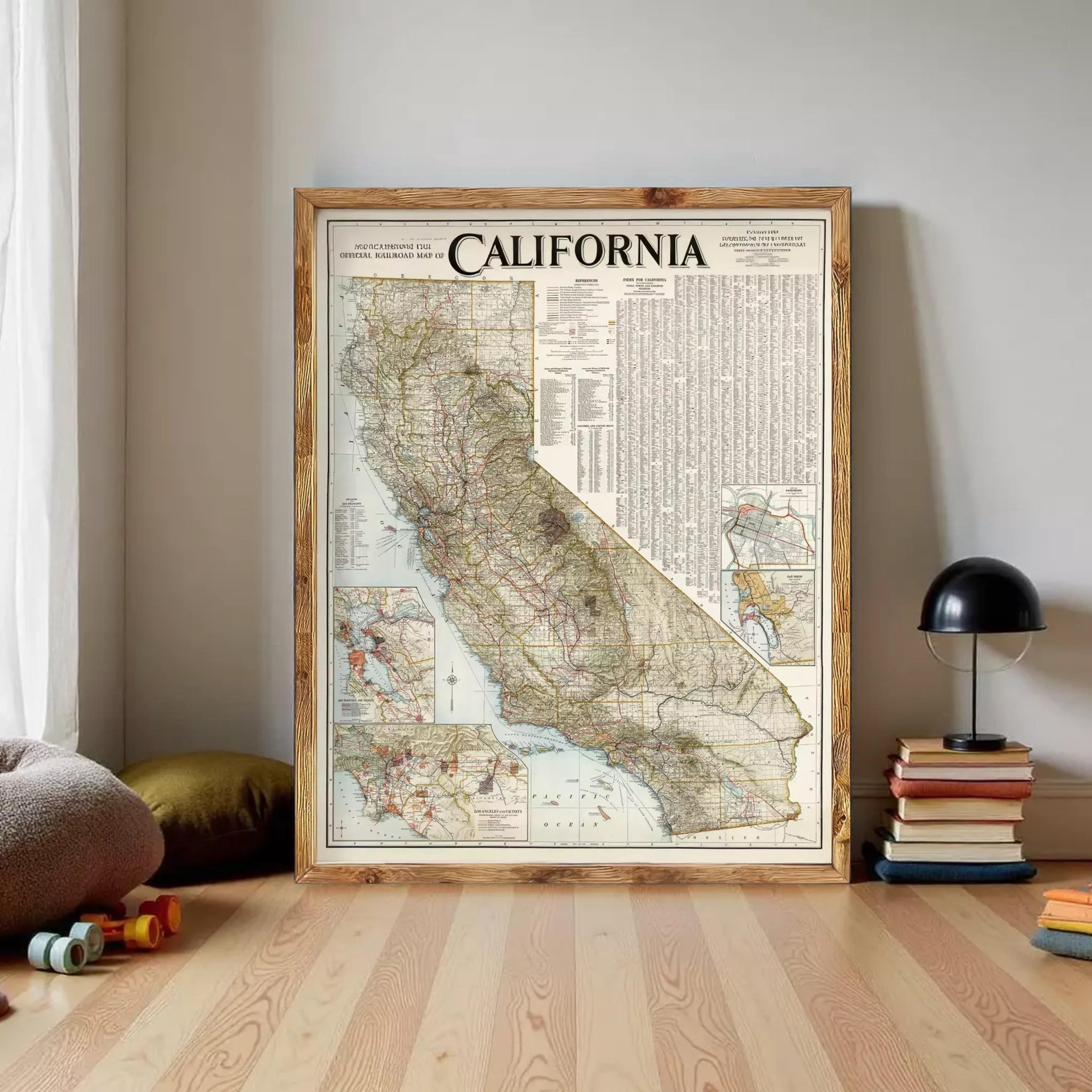 a large framed map of California, with various regions and landmarks clearly visible.