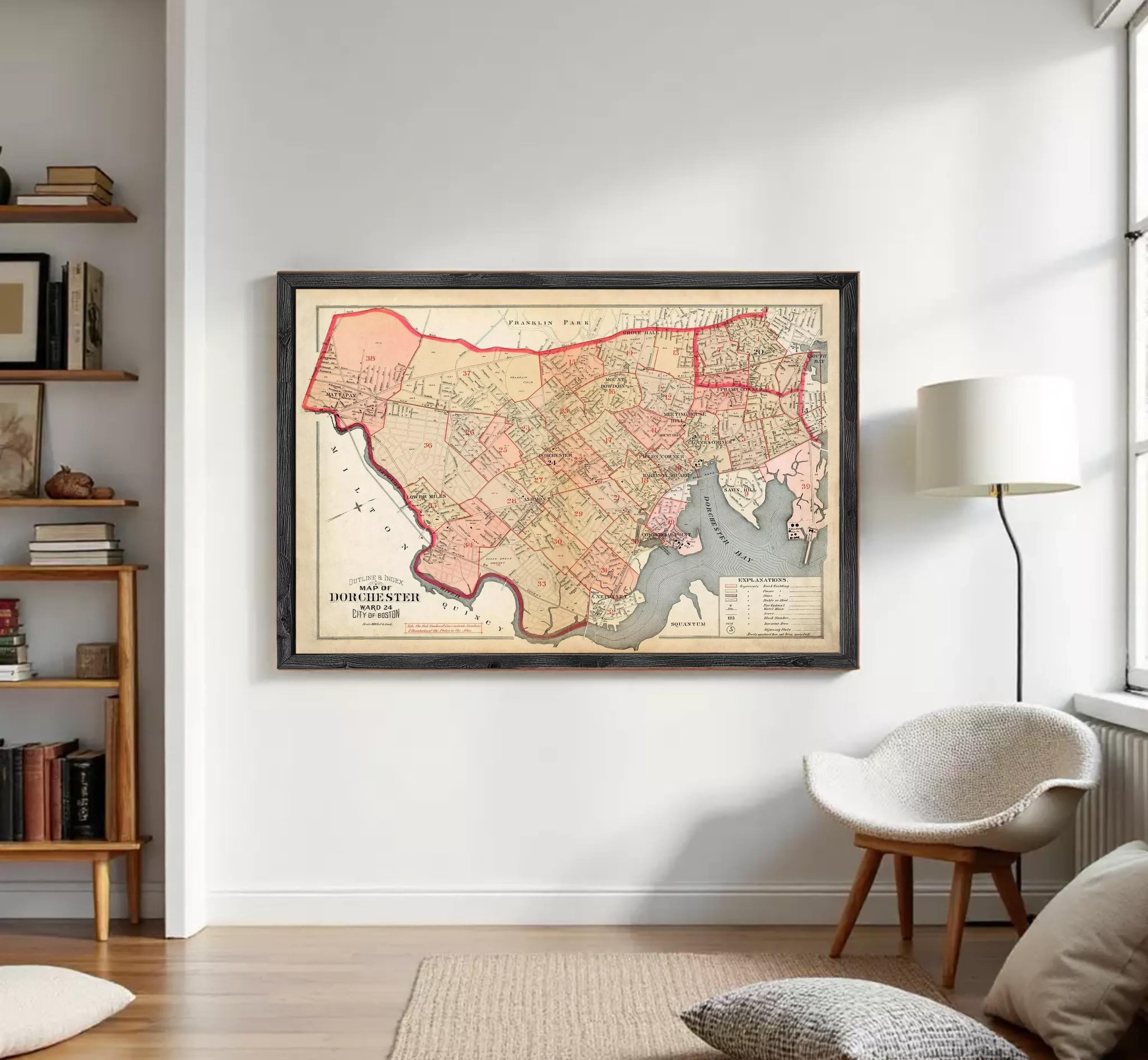 The image is a framed vintage map of Dorchester, Massachusetts, showing the city's streets and surrounding areas.