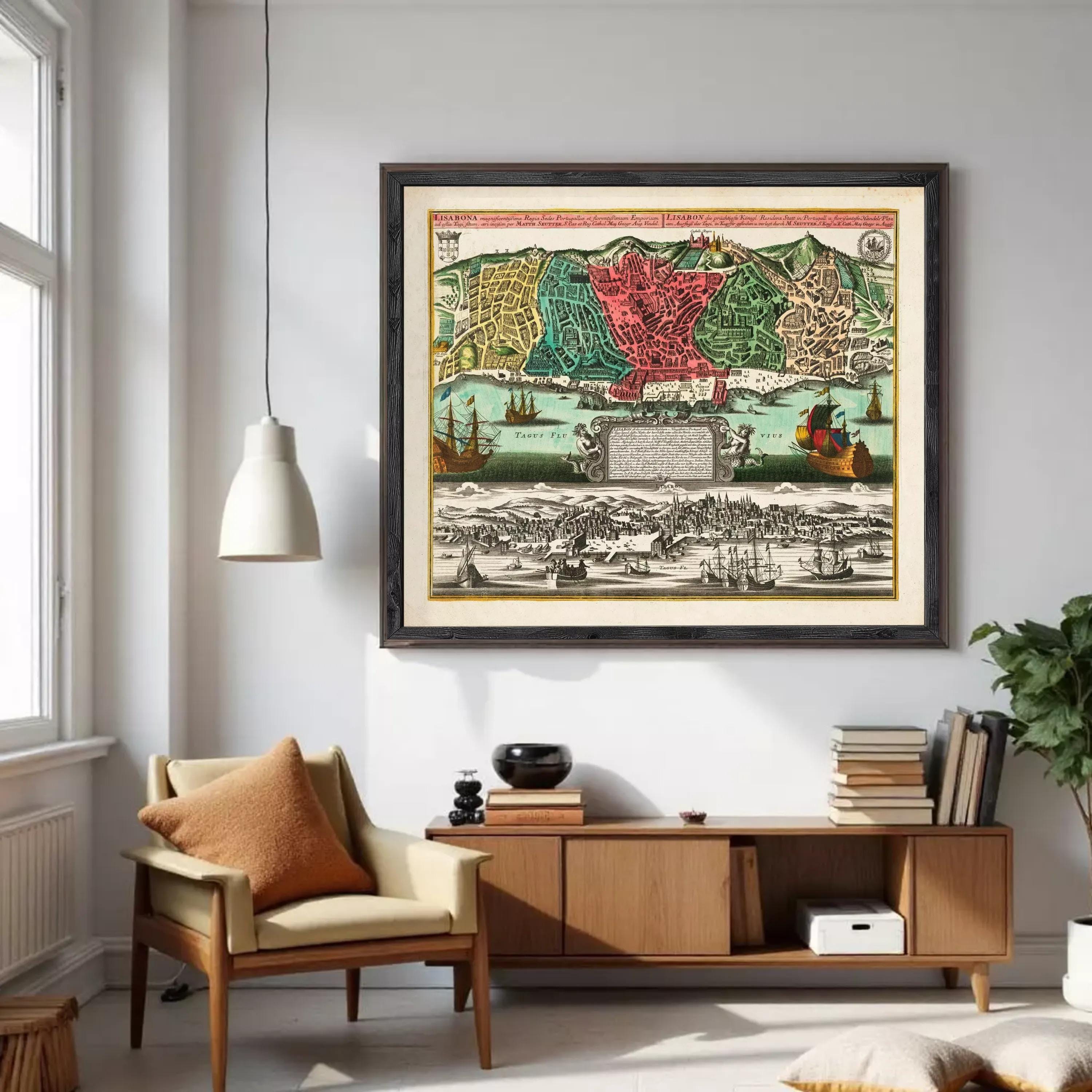 The image is a framed vintage map of a city, depicting various landmarks and ships.