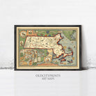 The image is a framed art map of the United States, specifically the state of Massachusetts, with various landmarks and locations marked on it.