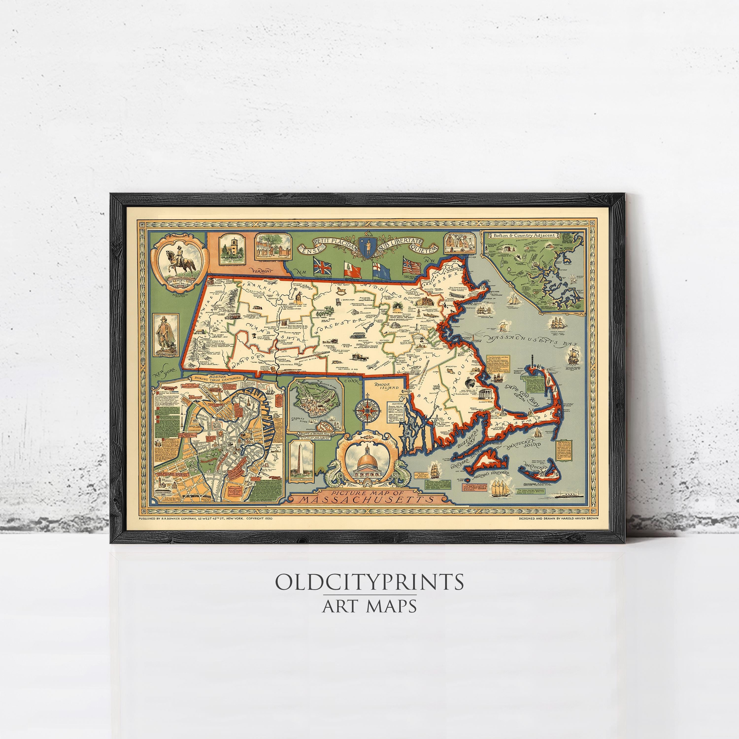 The image is a framed art map of the United States, specifically the state of Massachusetts, with various landmarks and locations marked on it.
