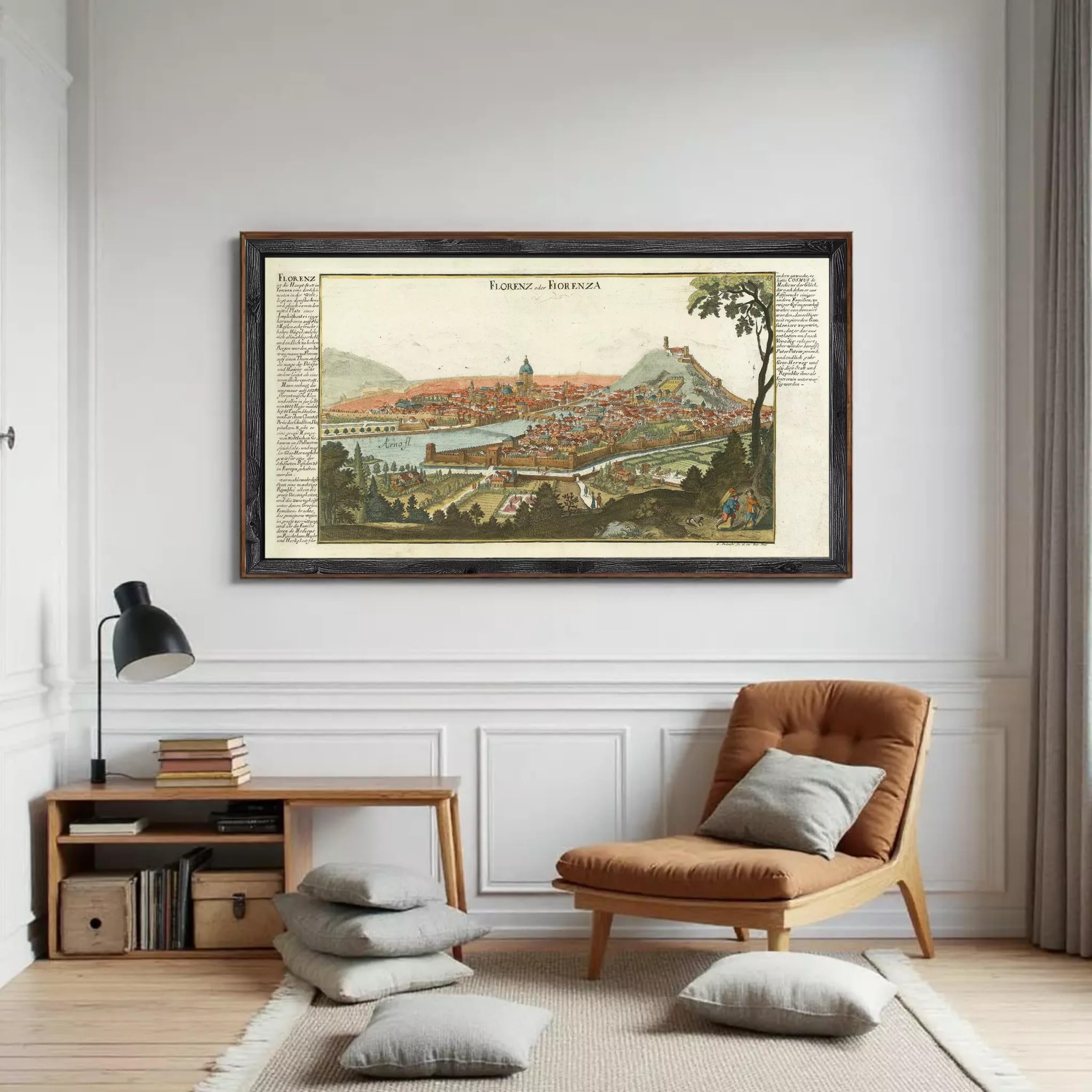 The image is a framed historical map of Florence, Italy, depicting the city's layout and surrounding landscape.