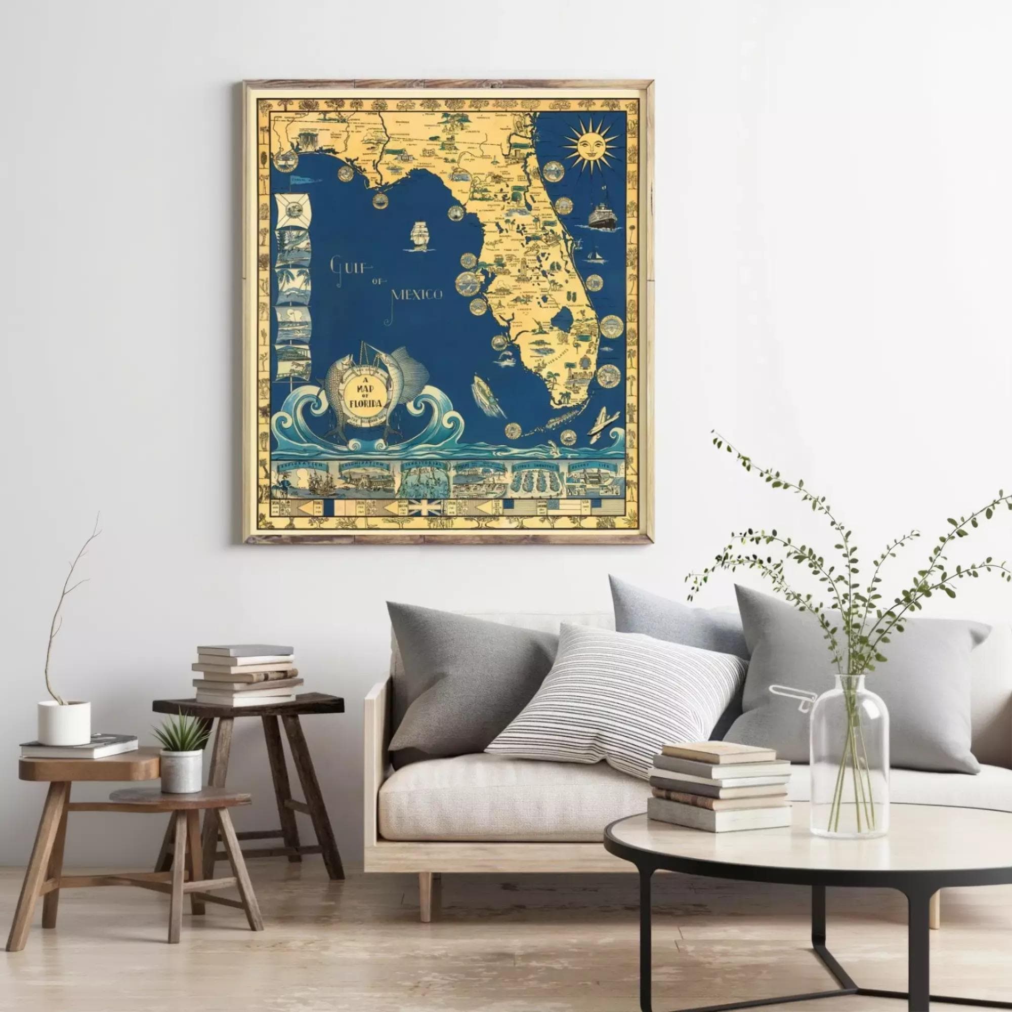 a large framed map of Florida hanging on a wall in a living room setting.
