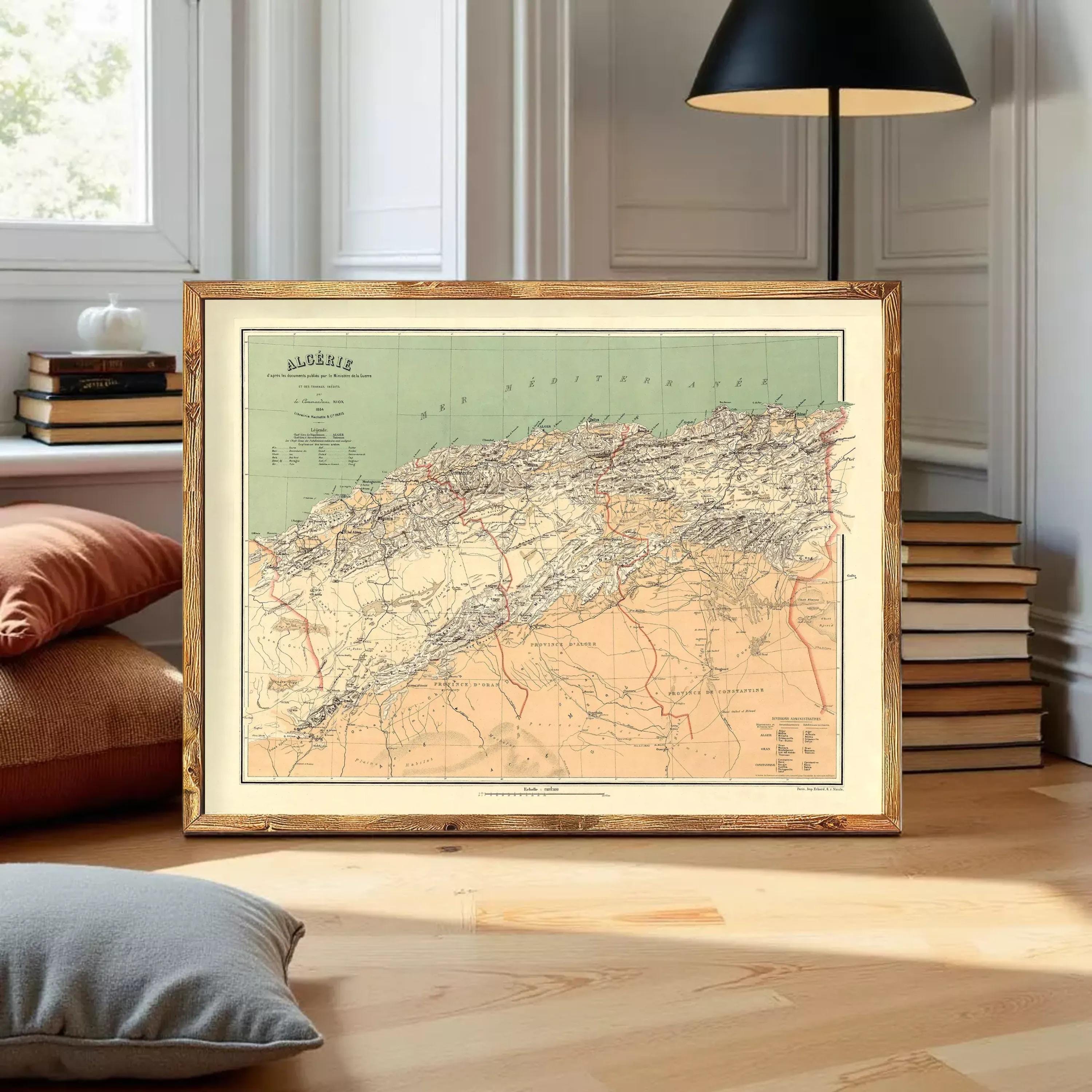 The image is a framed vintage map of Algeria, depicting the country's geographical layout and boundaries.
