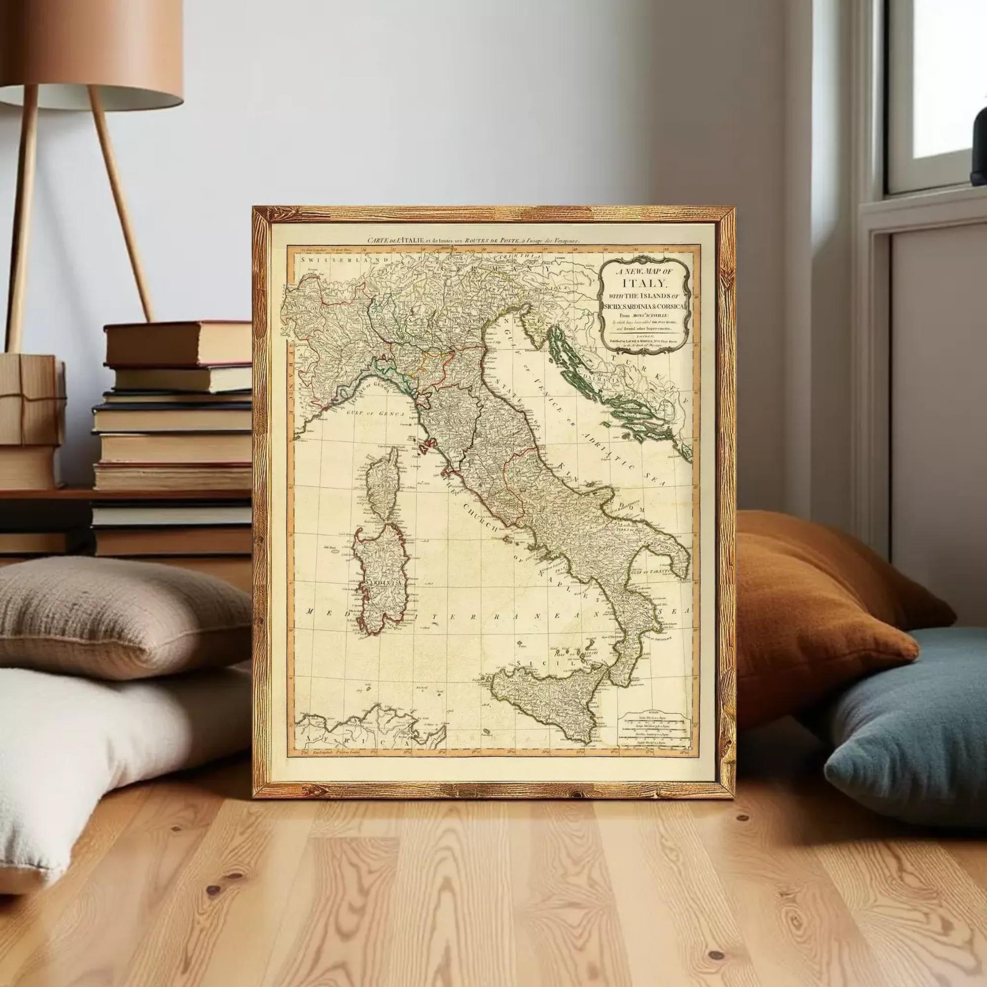 a framed map of Italy, with a wooden frame and a vintage appearance.