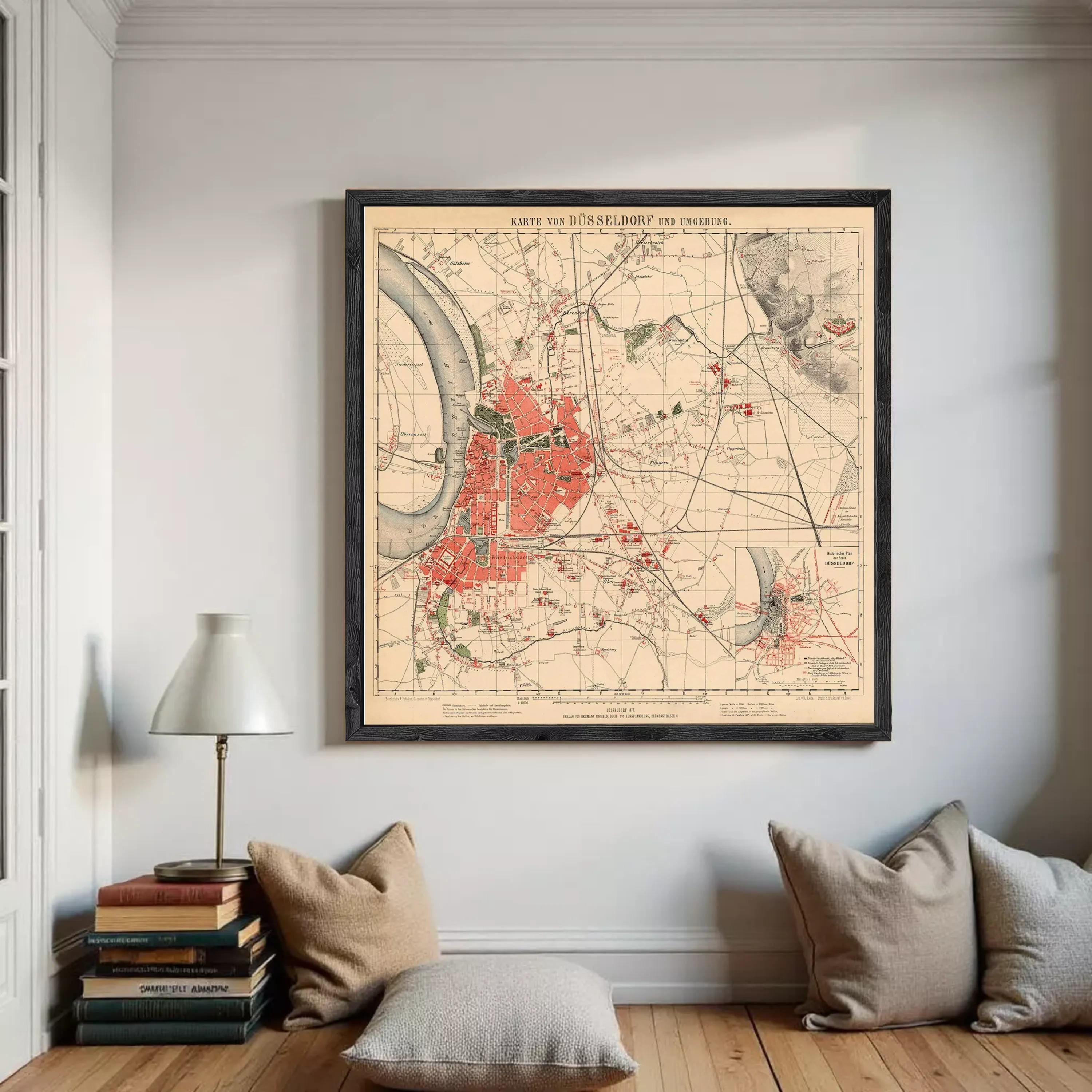 The image is a framed vintage map of Dusseldorf, Germany, depicting the city's layout and surrounding areas.