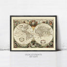 The image is a framed vintage map of the world, featuring intricate details and decorative elements.