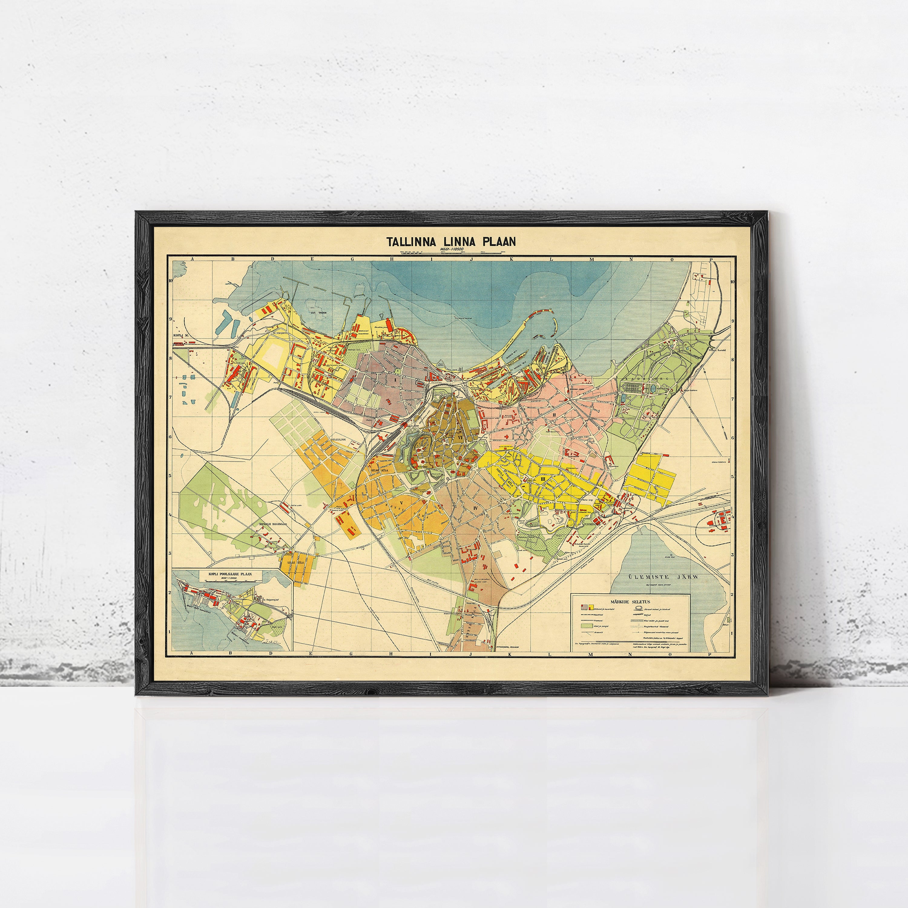 The image is a framed map of Tallinn, Estonia, showing the city's layout and surrounding areas.