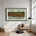 a large framed painting of a cityscape hanging on a white wall in a room with a wooden floor and a chair.