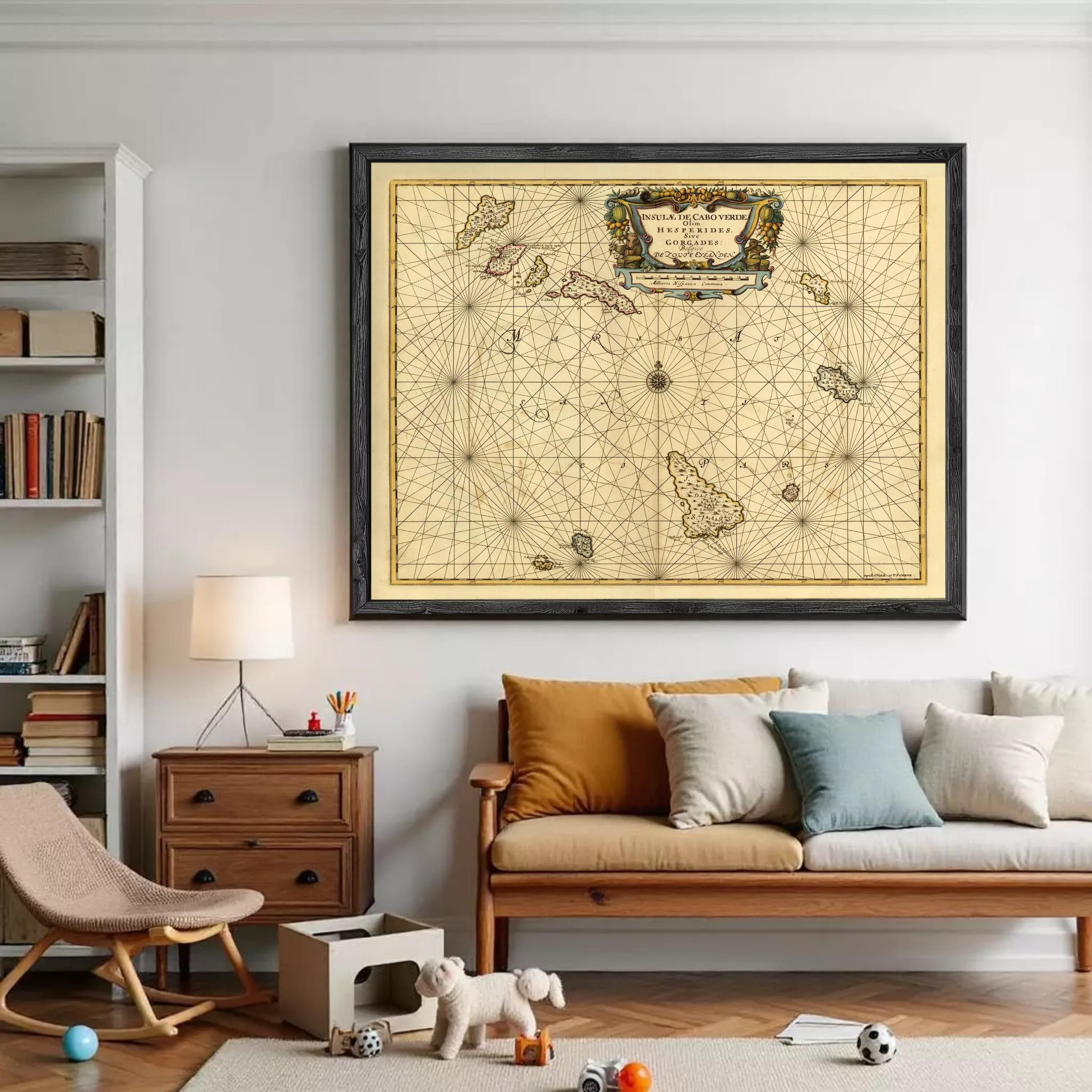 a large framed map hanging on a wall in a cozy living room setting.