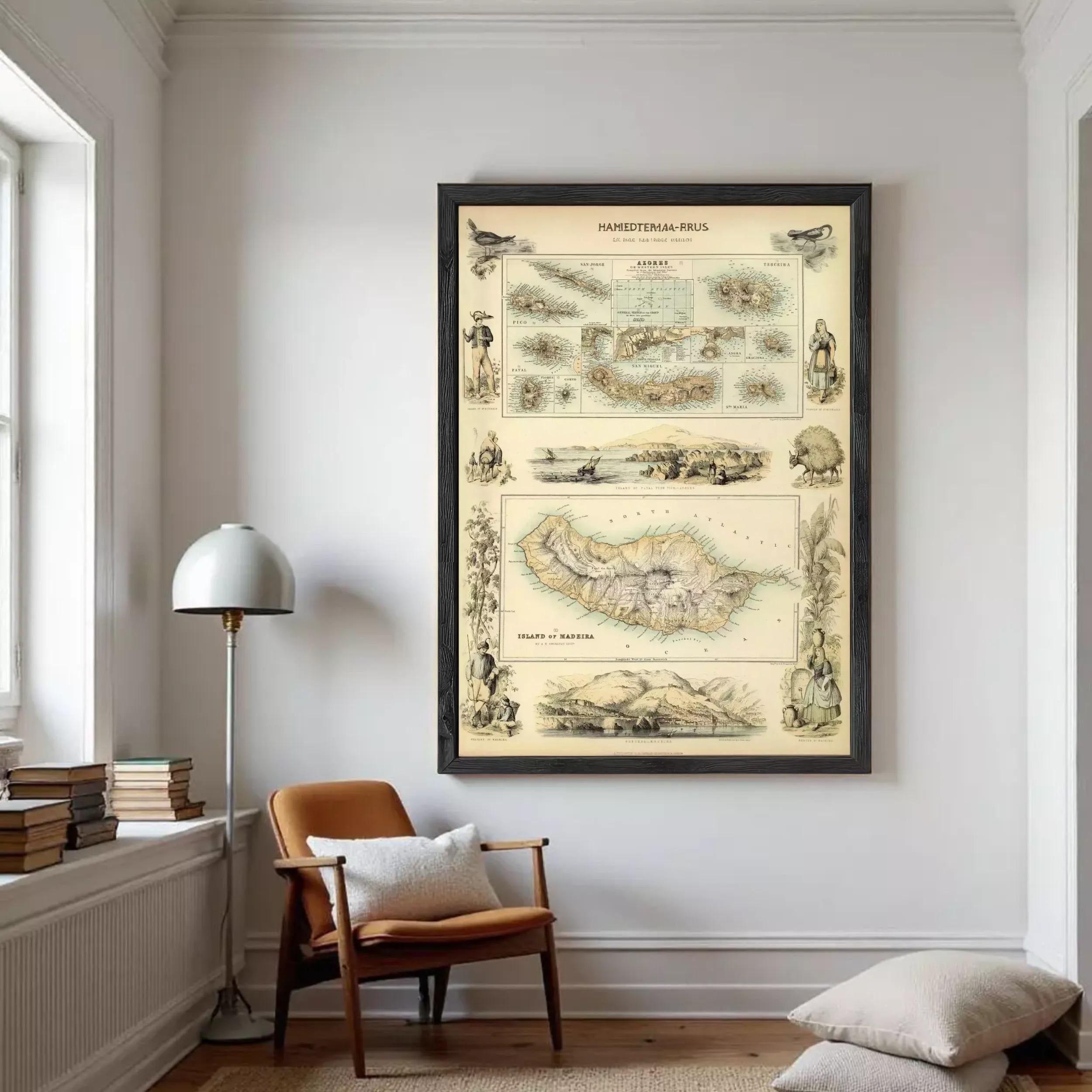 The image is a framed vintage map of the Portuguese islands, featuring various illustrations and labels.