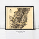 The image is a framed antique map of the Mississippi River and its surrounding areas, depicting the river's course and the surrounding landscape.