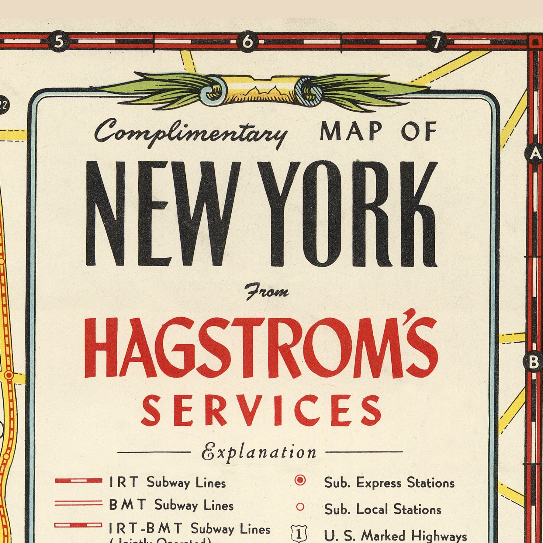 The image is a vintage map of New York, featuring the Hagstrom's services and subway lines.