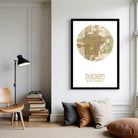 A framed map of Tucson, Arizona, with the city's location and coordinates (32° 13' 11" W) printed on it.