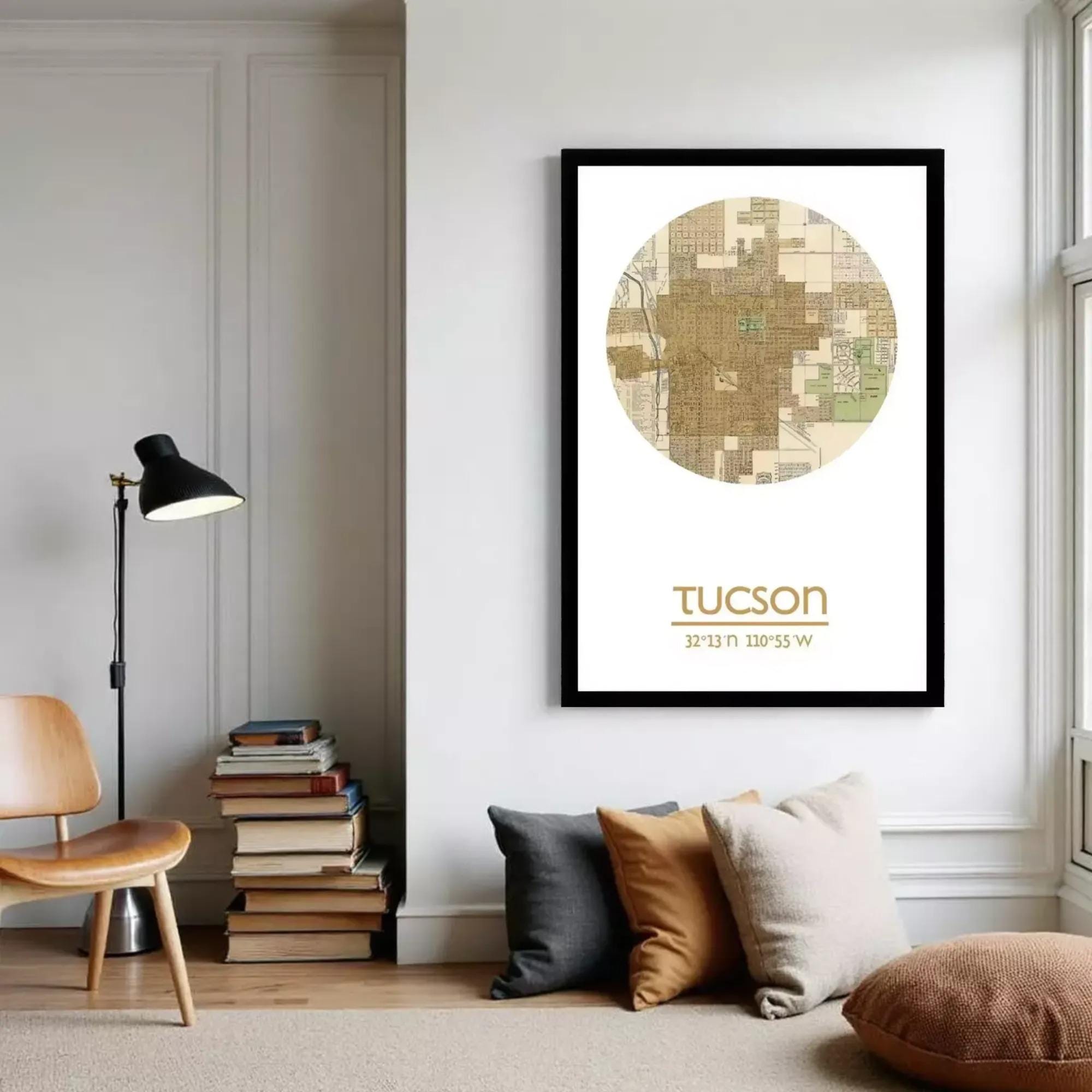 A framed map of Tucson, Arizona, with the city's location and coordinates (32° 13' 11" W) printed on it.