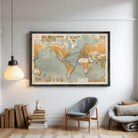 The image is a framed vintage world map depicting the continents and oceans, with a vintage color palette and style.