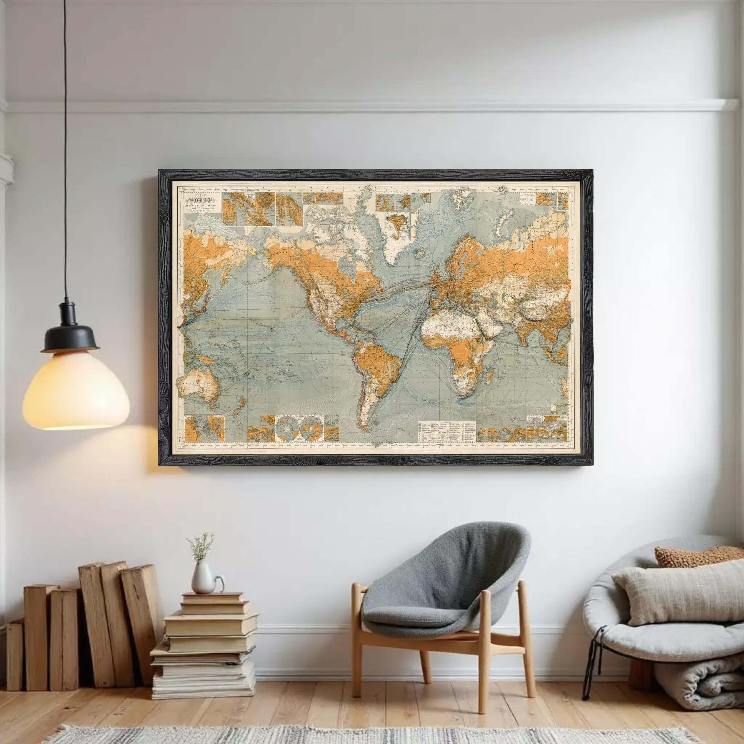 The image is a framed vintage world map depicting the continents and oceans, with a vintage color palette and style.