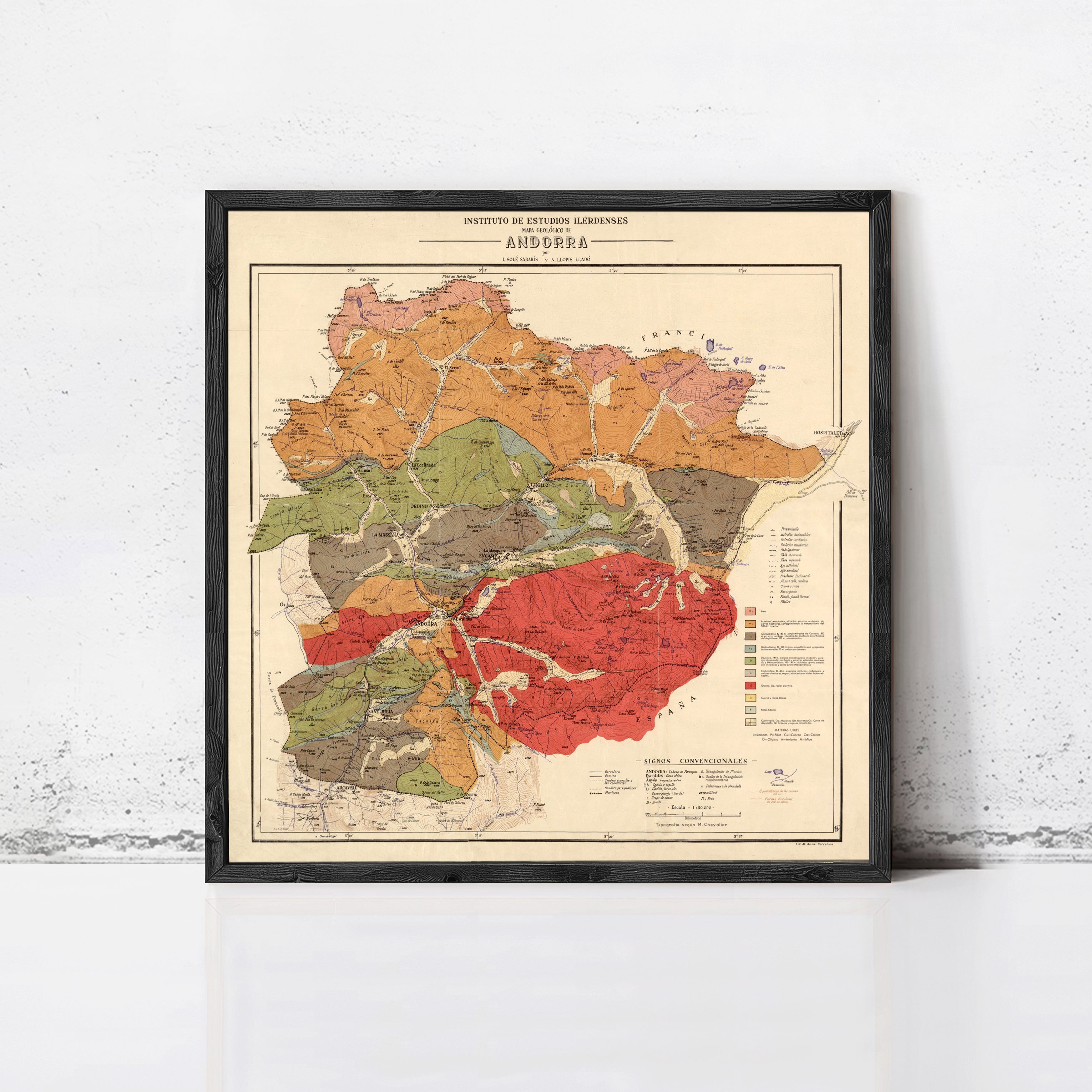 The image is a framed vintage geological map of the Andorra region, depicting various geological features and zones.