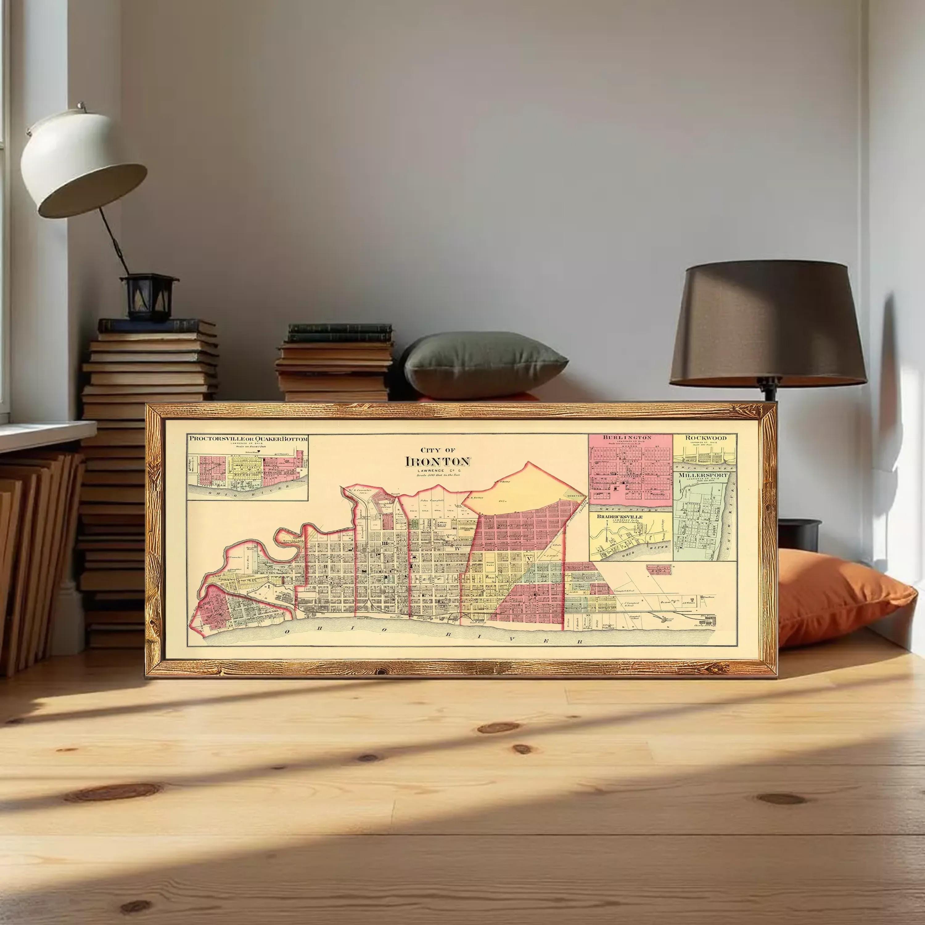 A framed map of the city of Houston, Texas, depicting the city's layout and surrounding areas.
