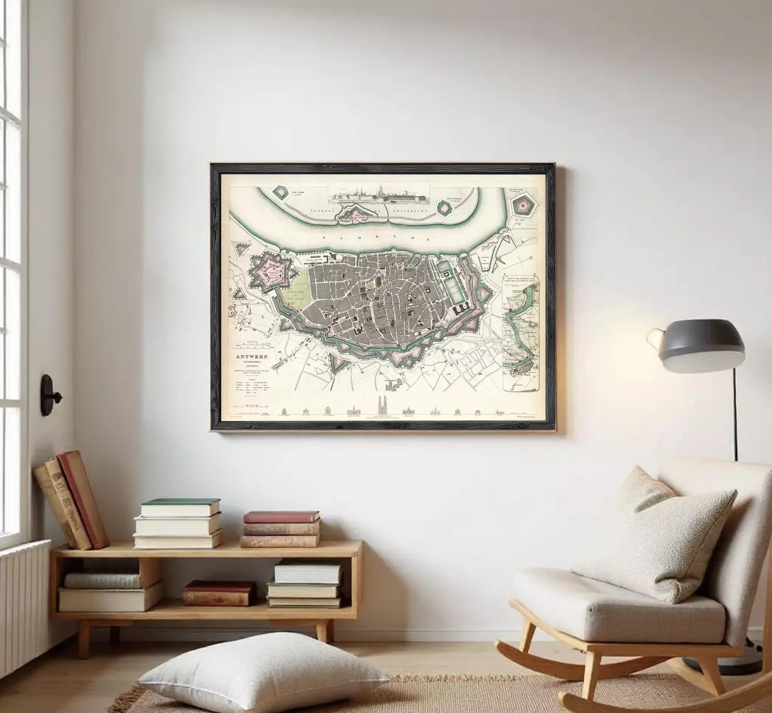 The image is a framed historical map of Antwerp, Belgium, depicting the city's layout and surrounding areas.