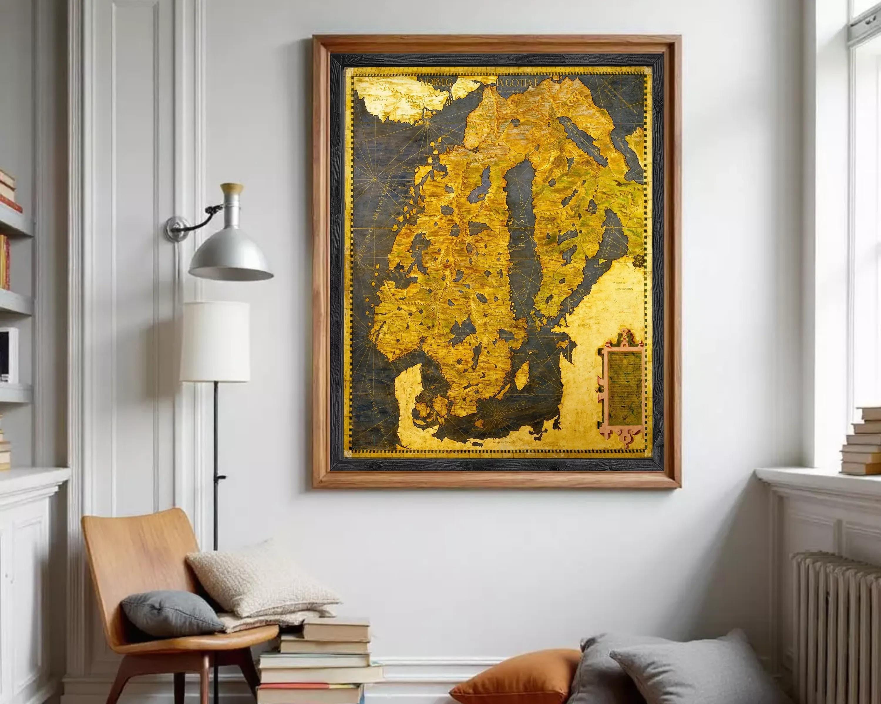 The image is a framed map of the world, with a gold and black color scheme.