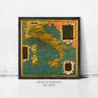 The image is a framed art print depicting a map of Italy, with decorative elements and text surrounding the map.
