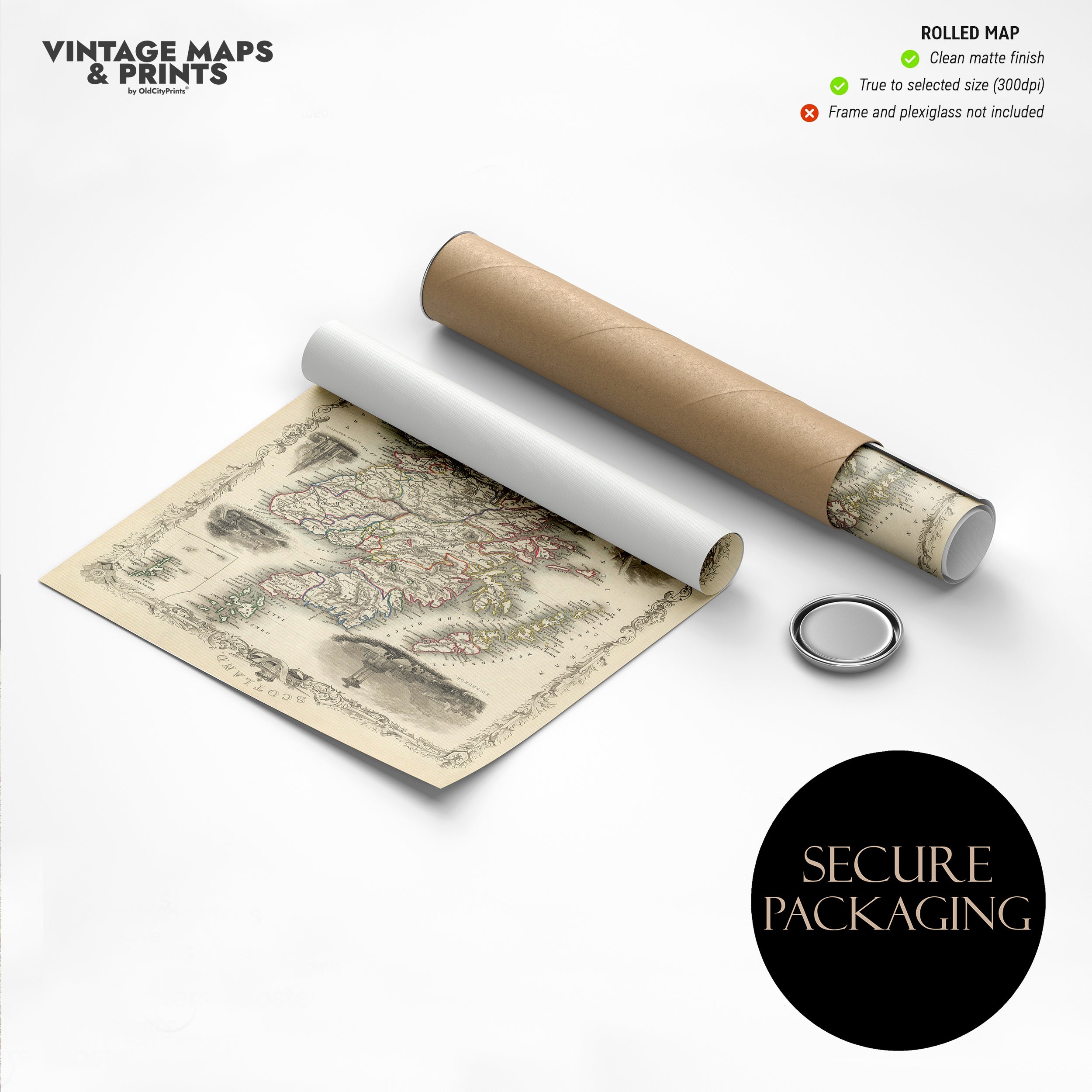 a vintage map rolled in a tube, with a label indicating it is a secure packaging product.