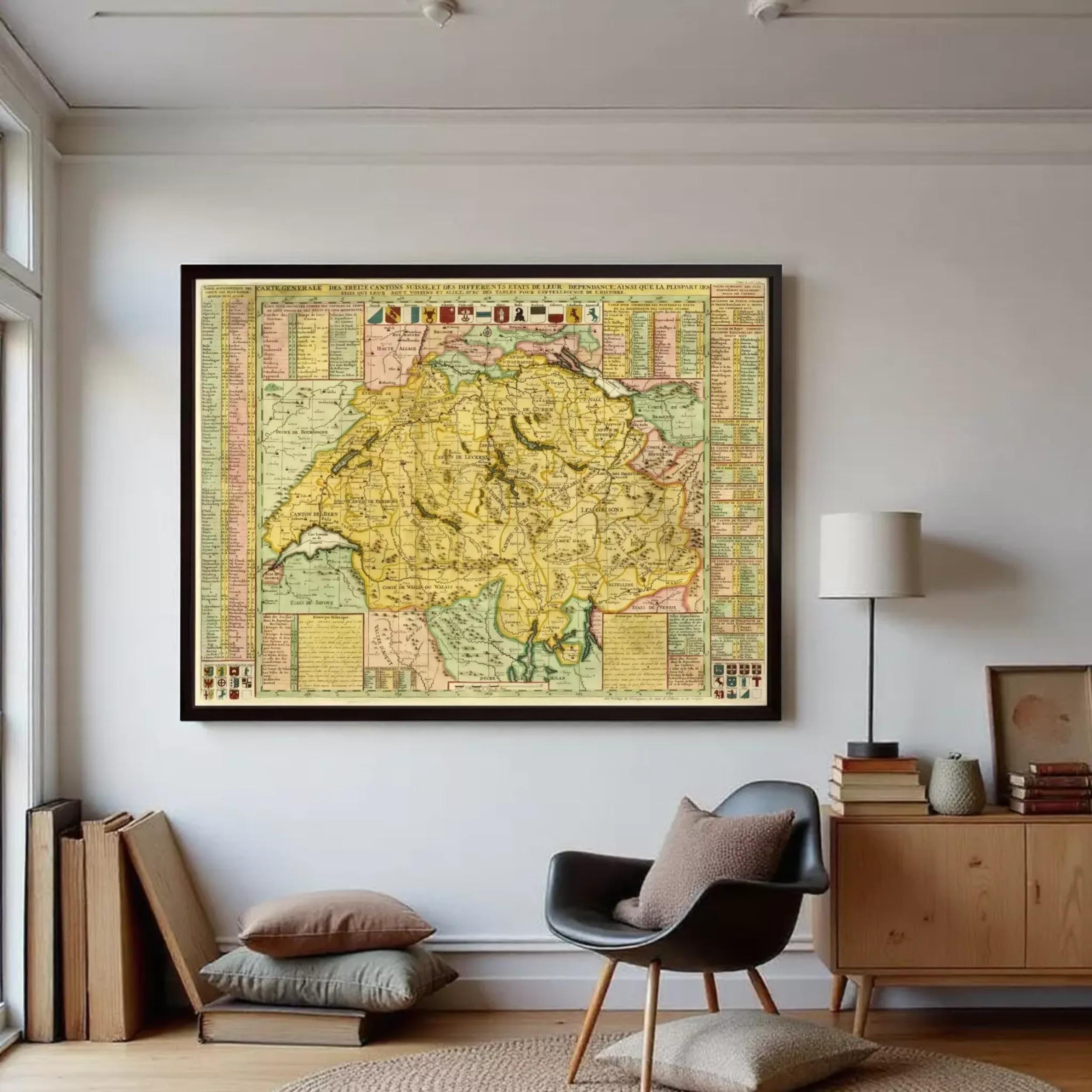 The image is a framed vintage map of Switzerland, depicting the country's geographical layout and surrounding areas.