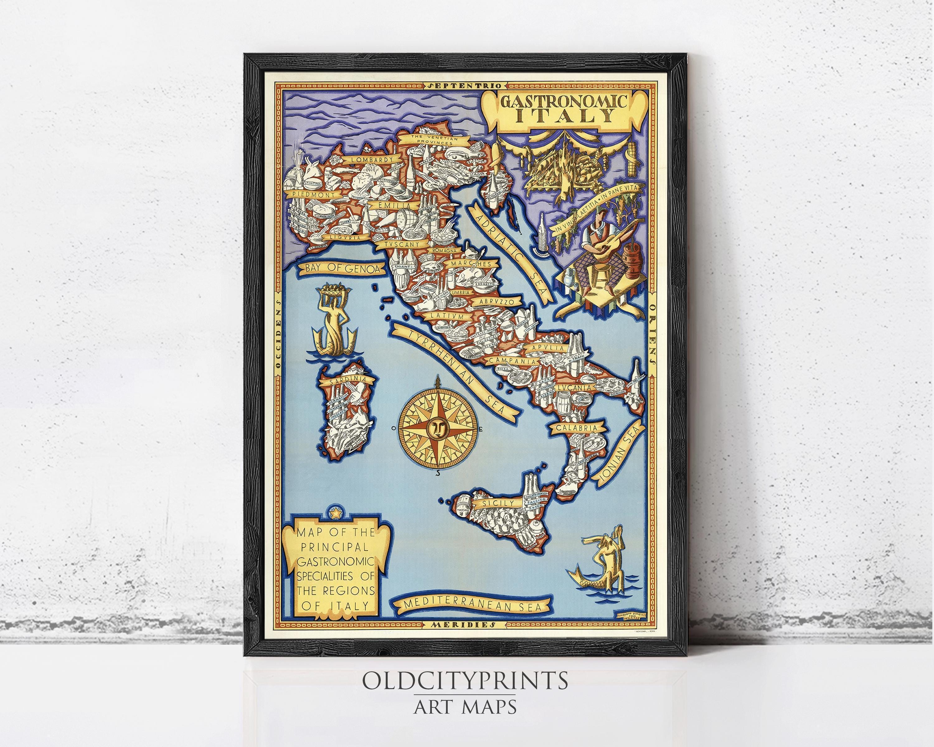 The image is a framed art print depicting a colorful and detailed map of Italy, with various landmarks and geographical features.