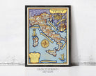 The image is a framed art print depicting a colorful and detailed map of Italy, with various landmarks and geographical features.