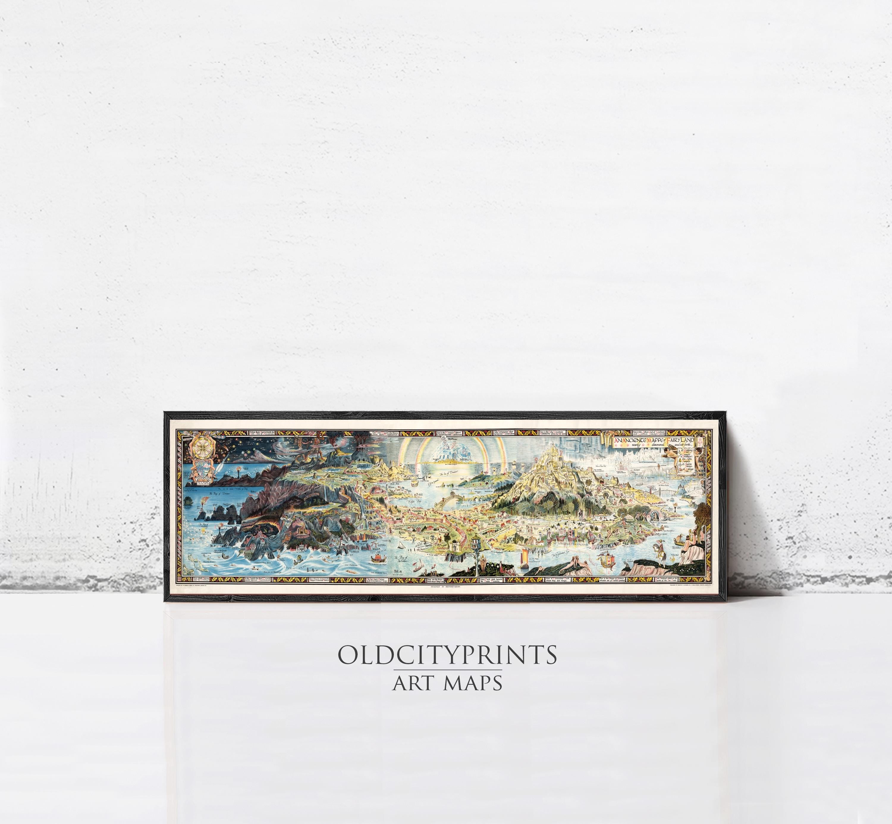 A framed art print depicting a detailed map of a coastal city, with various landmarks and bodies of water visible.