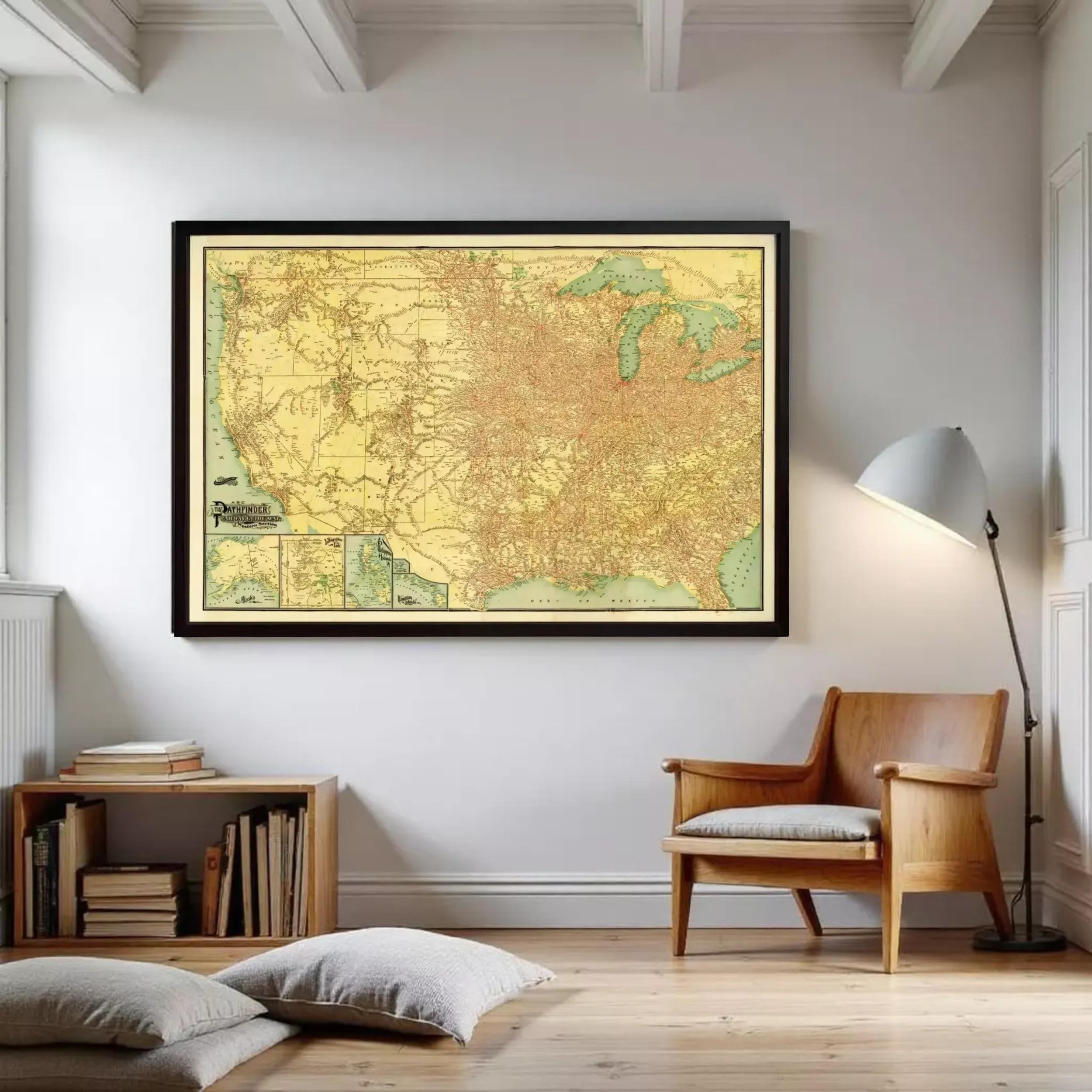 The image is a framed vintage map of the United States, depicting the country's geographical layout and major cities.