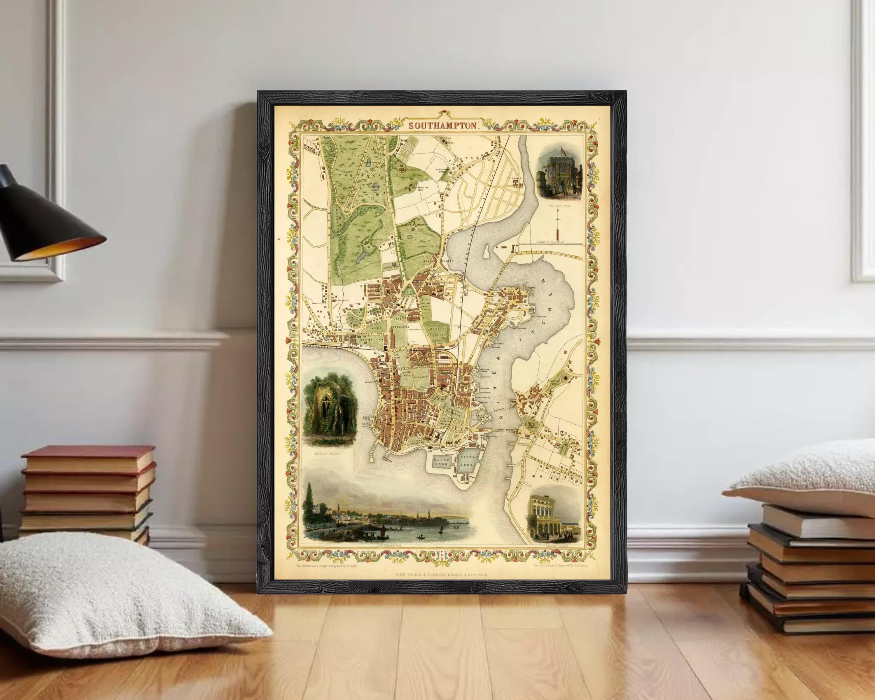 The image is a framed map of the city of London, England, with various landmarks and streets depicted.
