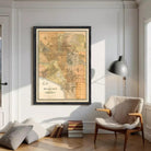 The image is a framed vintage map of Melbourne, Australia, depicting the city's layout and surrounding areas.