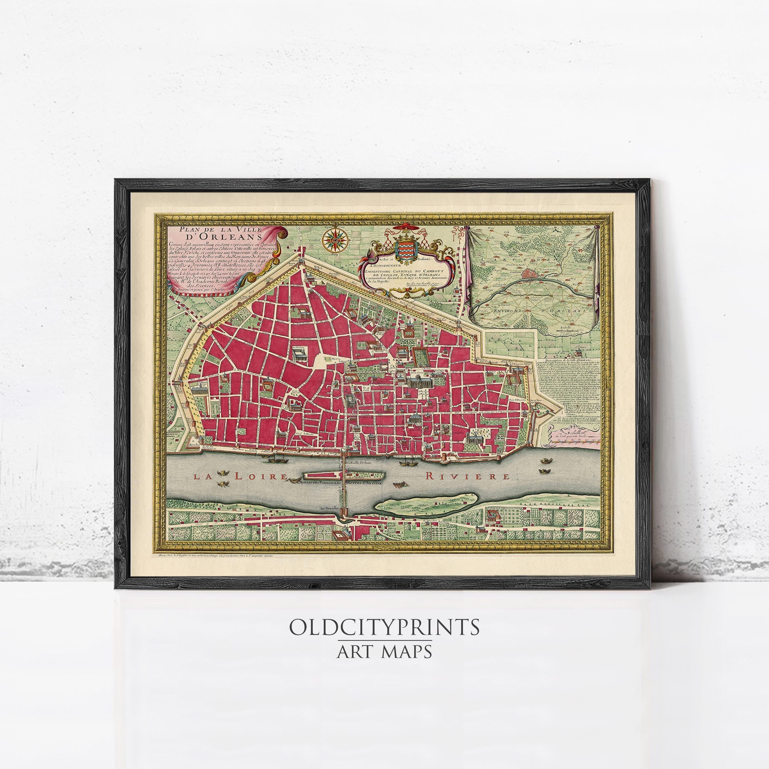 The image is a framed antique map of a city, likely from the 16th century, with a red and green color scheme.