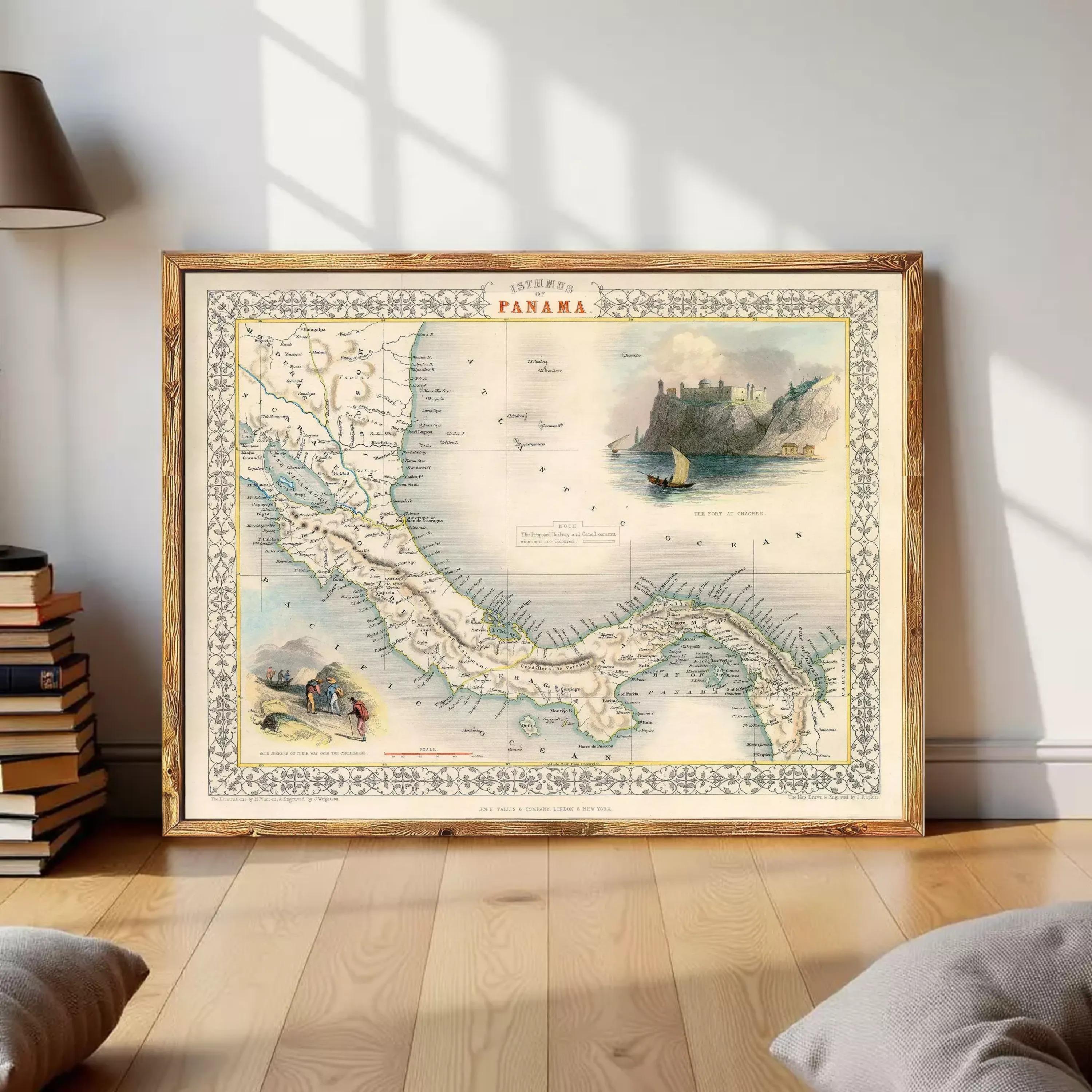 The image is a framed vintage map of Panama, depicting various landmarks and geographical features.