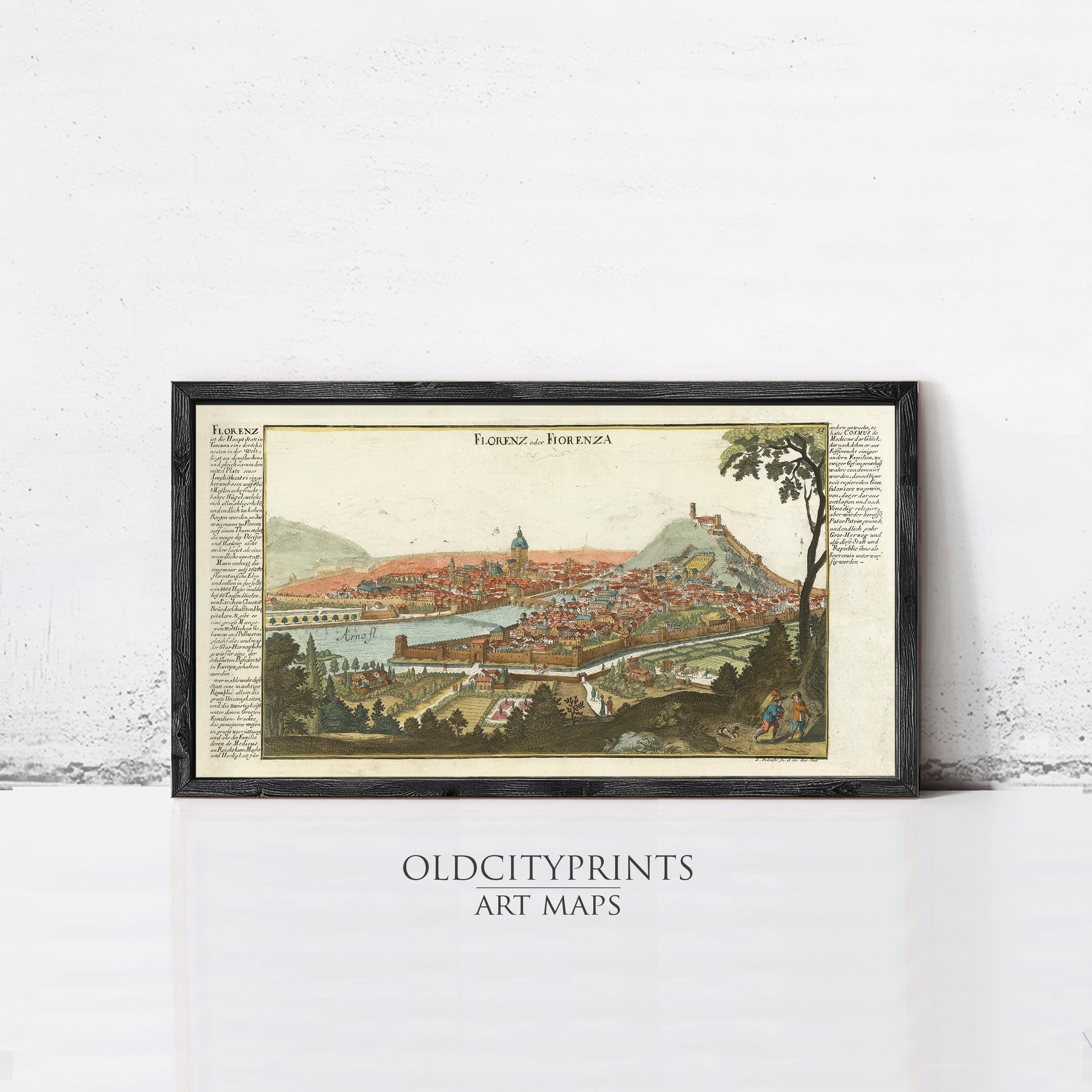 The image is a framed art print depicting a cityscape, likely from the 16th century, with a focus on the city of Florence, Italy.